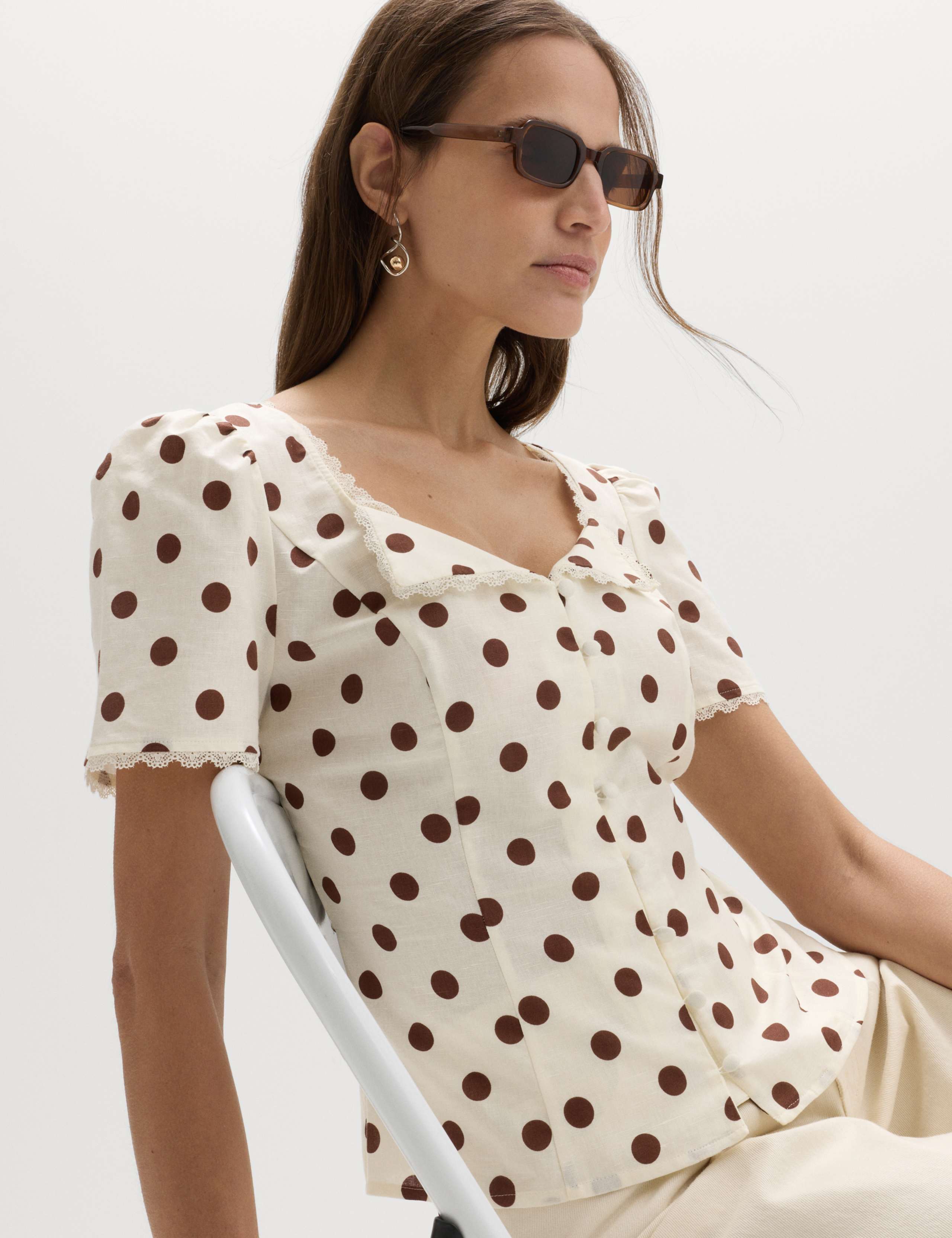 Polka Dot Lace Detail Button Through Top