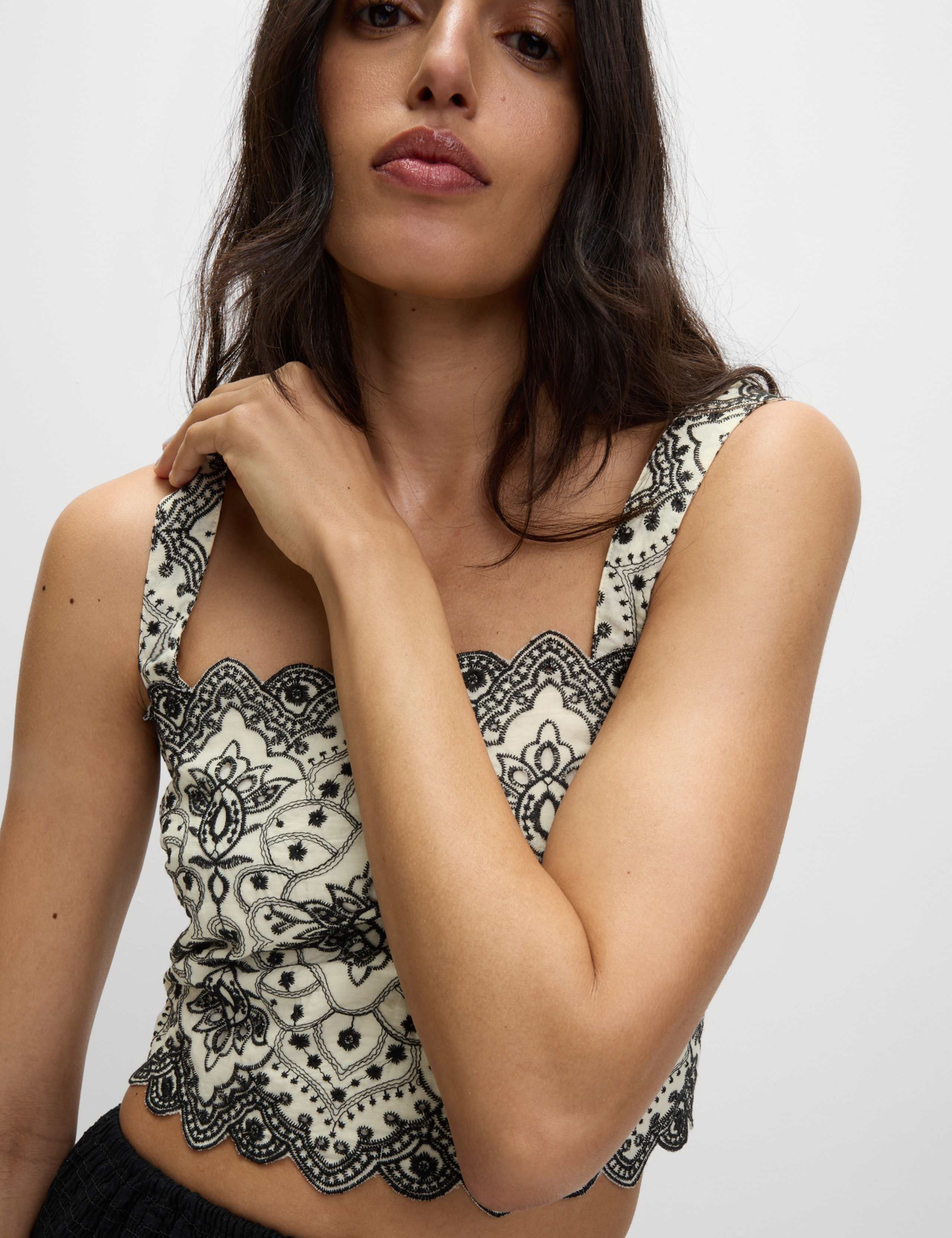 Pure Cotton Broderie Slim Fit Crop Top