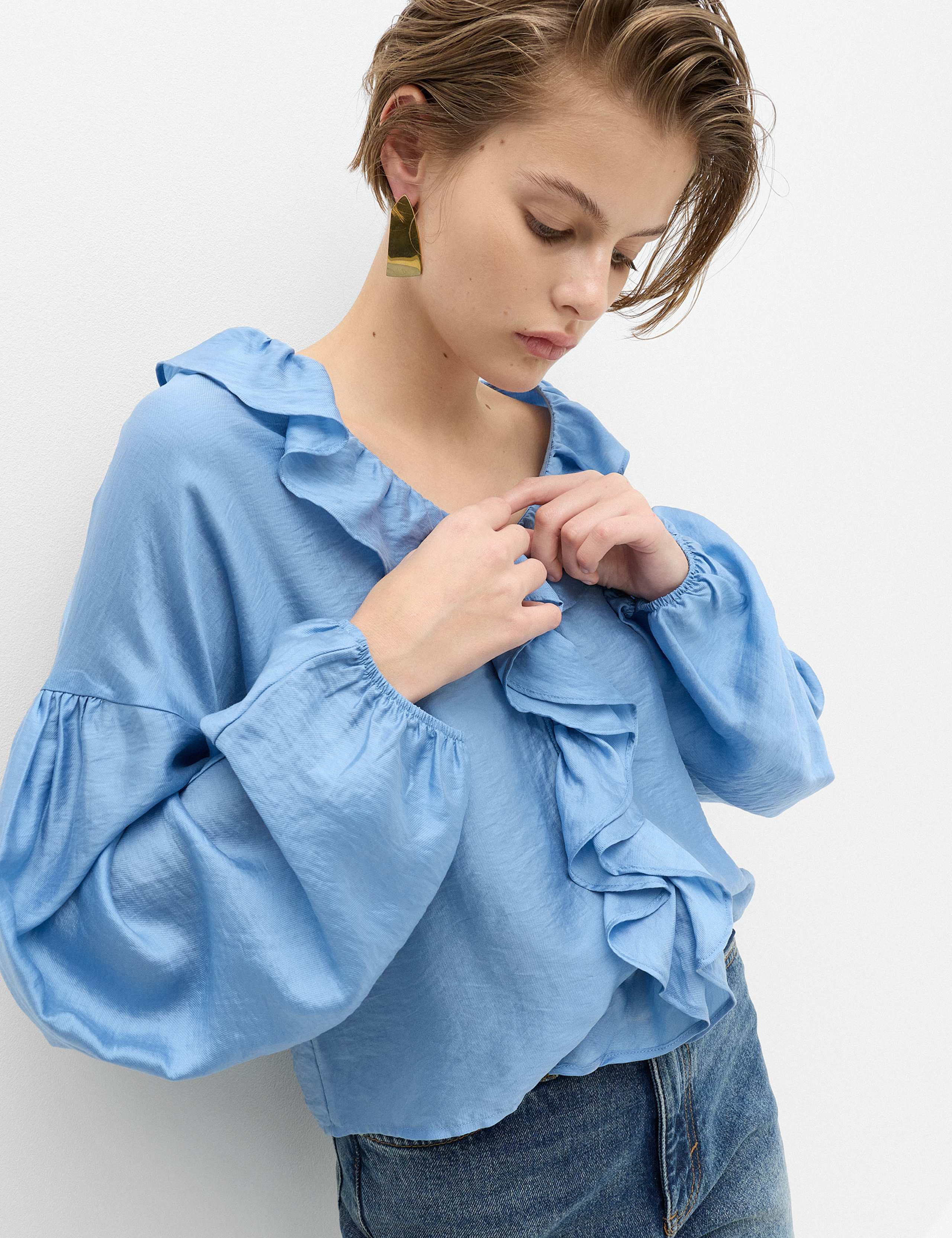 Lyocell-Rich V-Neck Ruffle Detail Blouse
