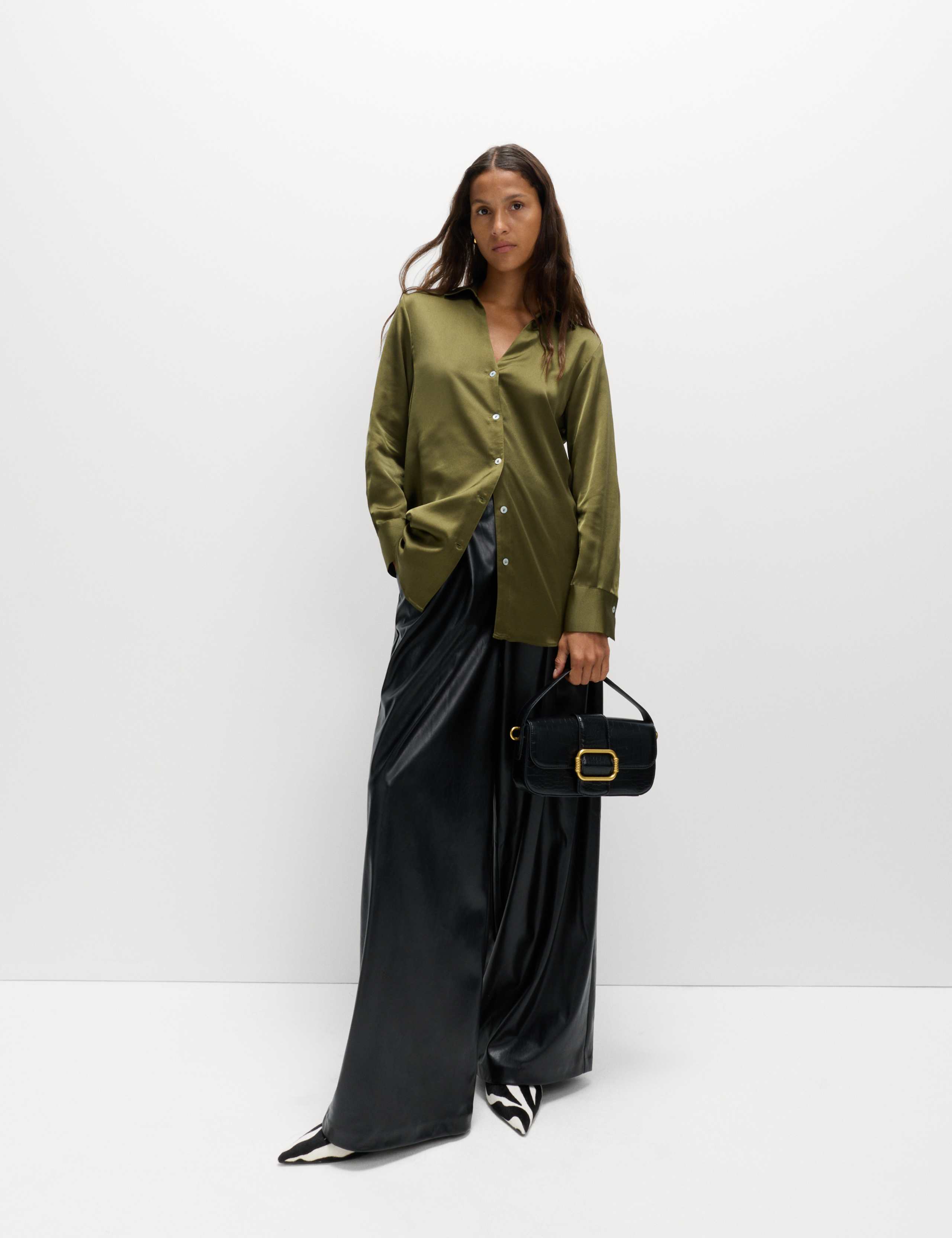 Satin Collared V-Neck Button Through Shirt