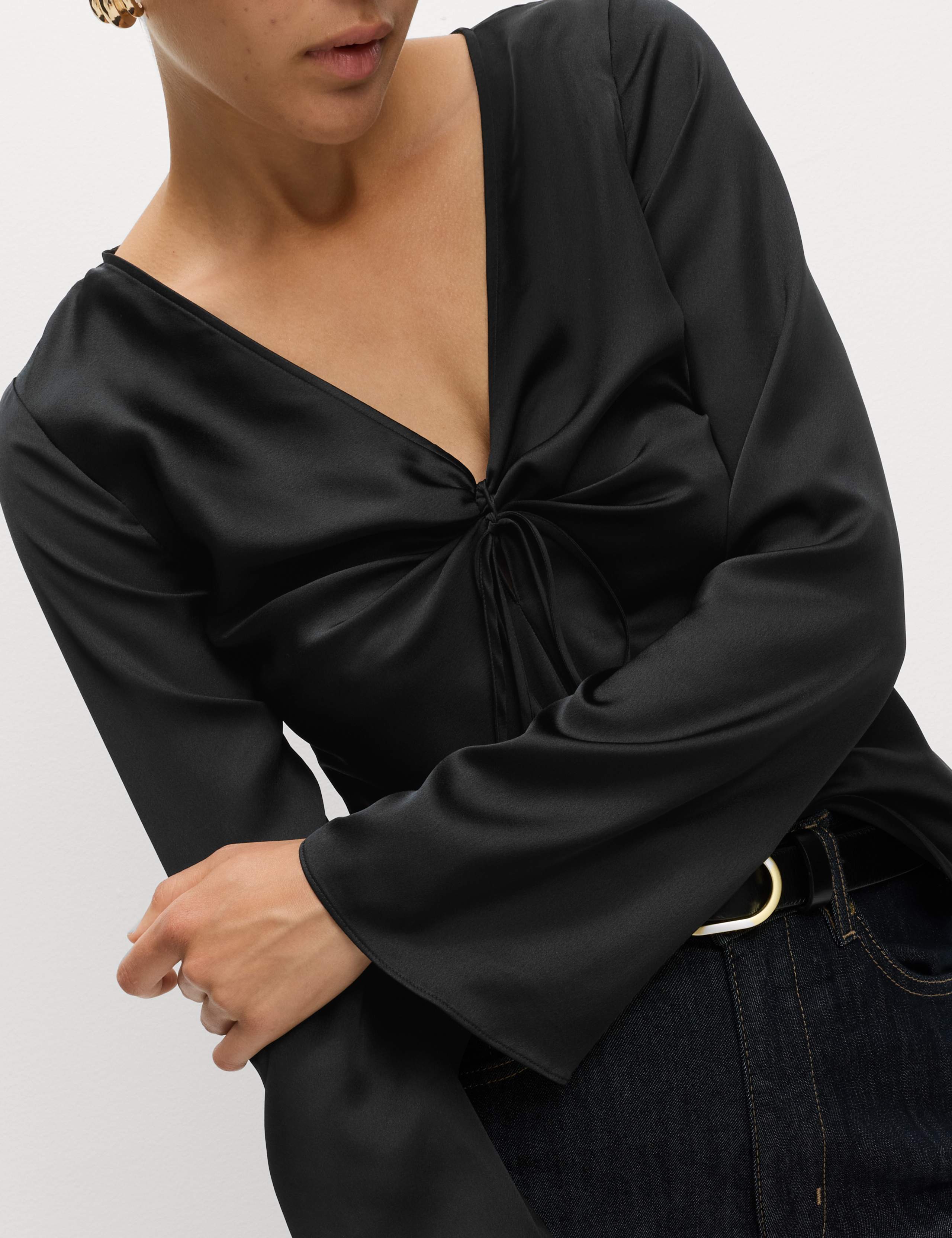Satin Tie Front Long Sleeve V-Neck Top