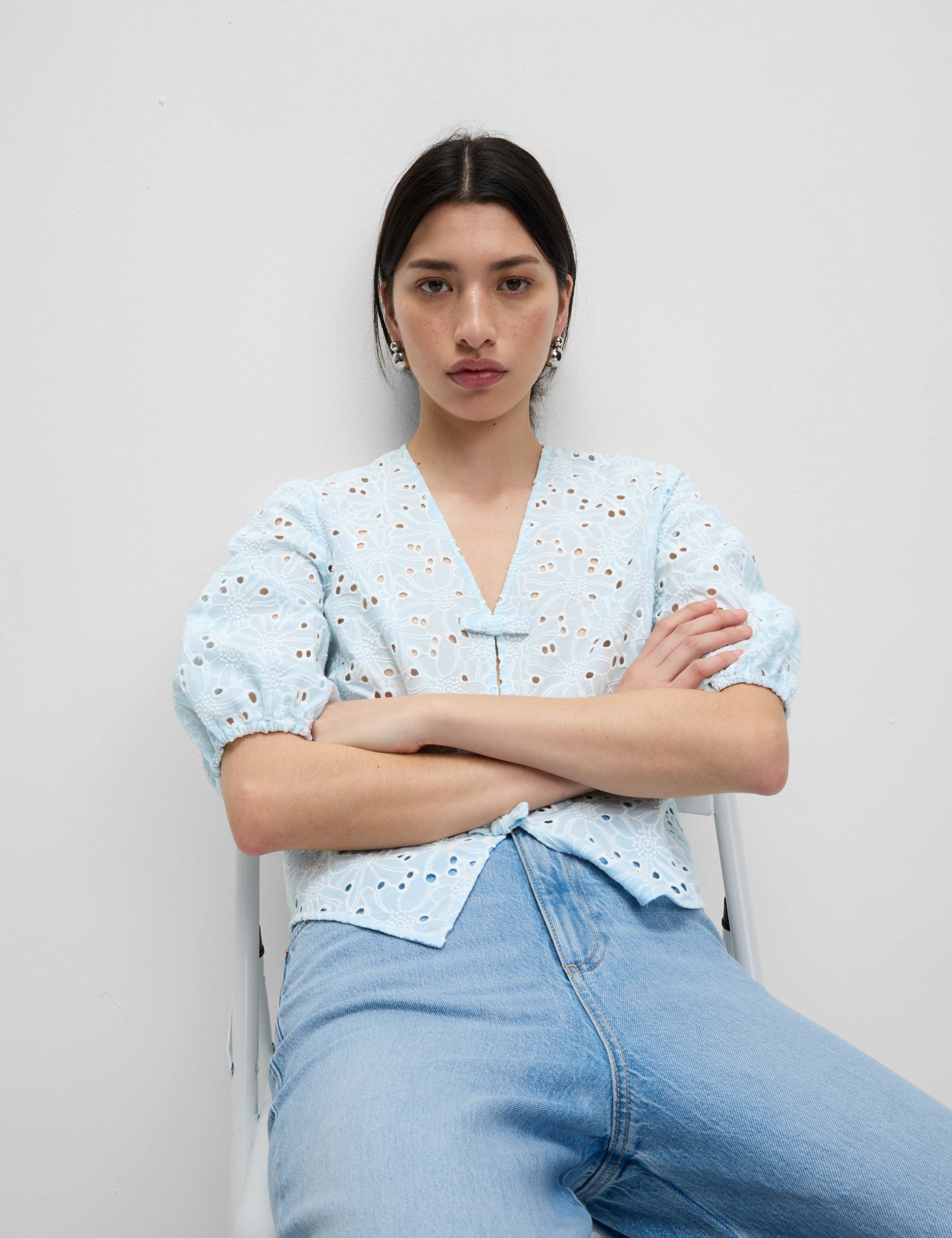 Pure Cotton Floral Cutwork Detail Bow Blouse