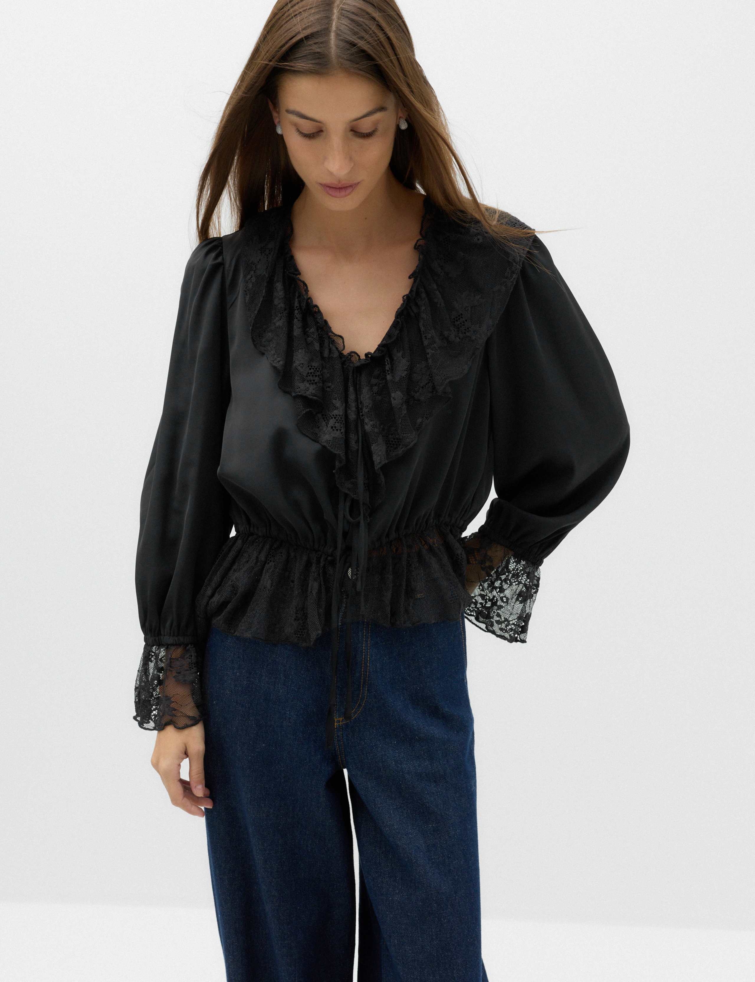 Satin Lace V Neck Ruffle Blouse