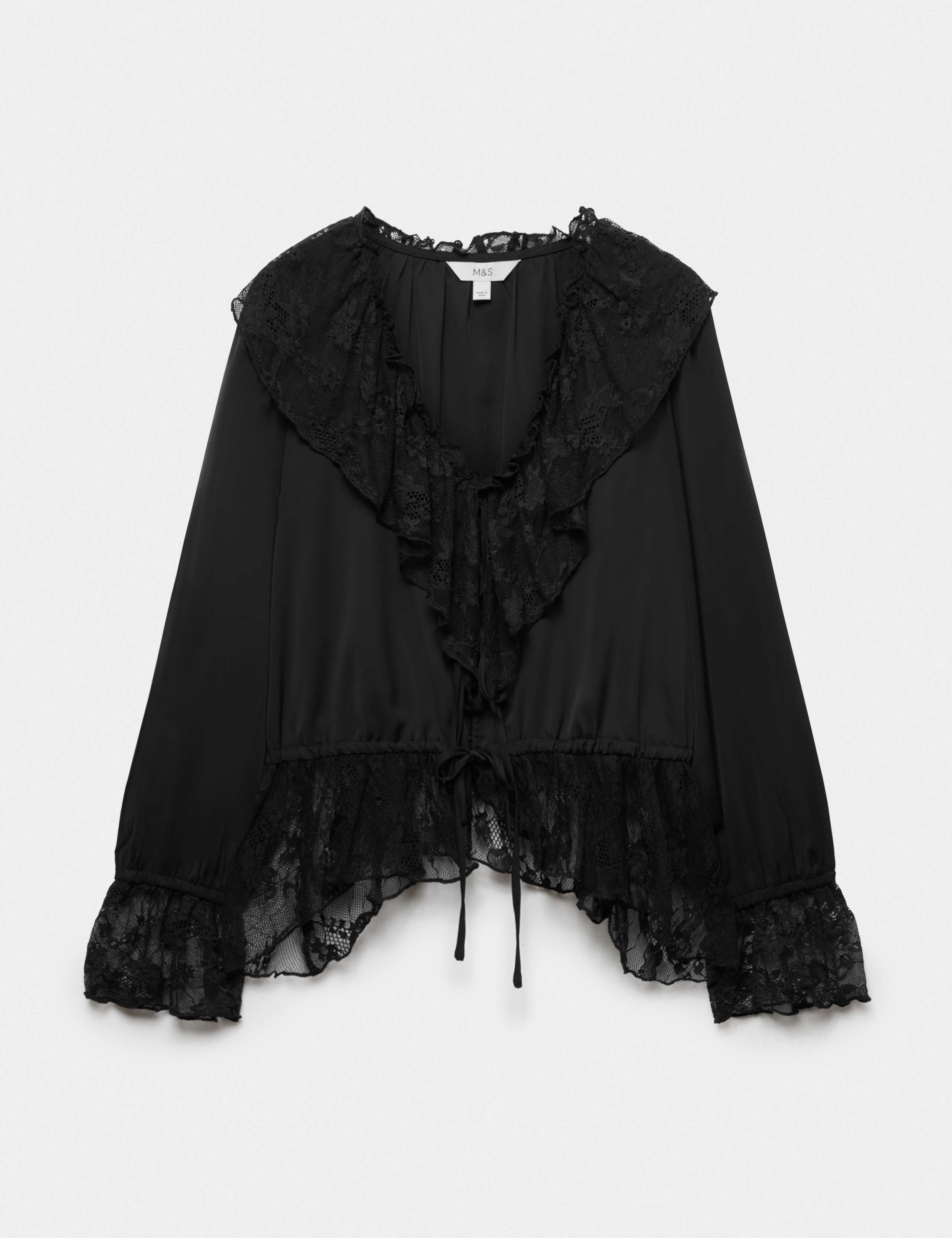Satin Lace V Neck Ruffle Blouse