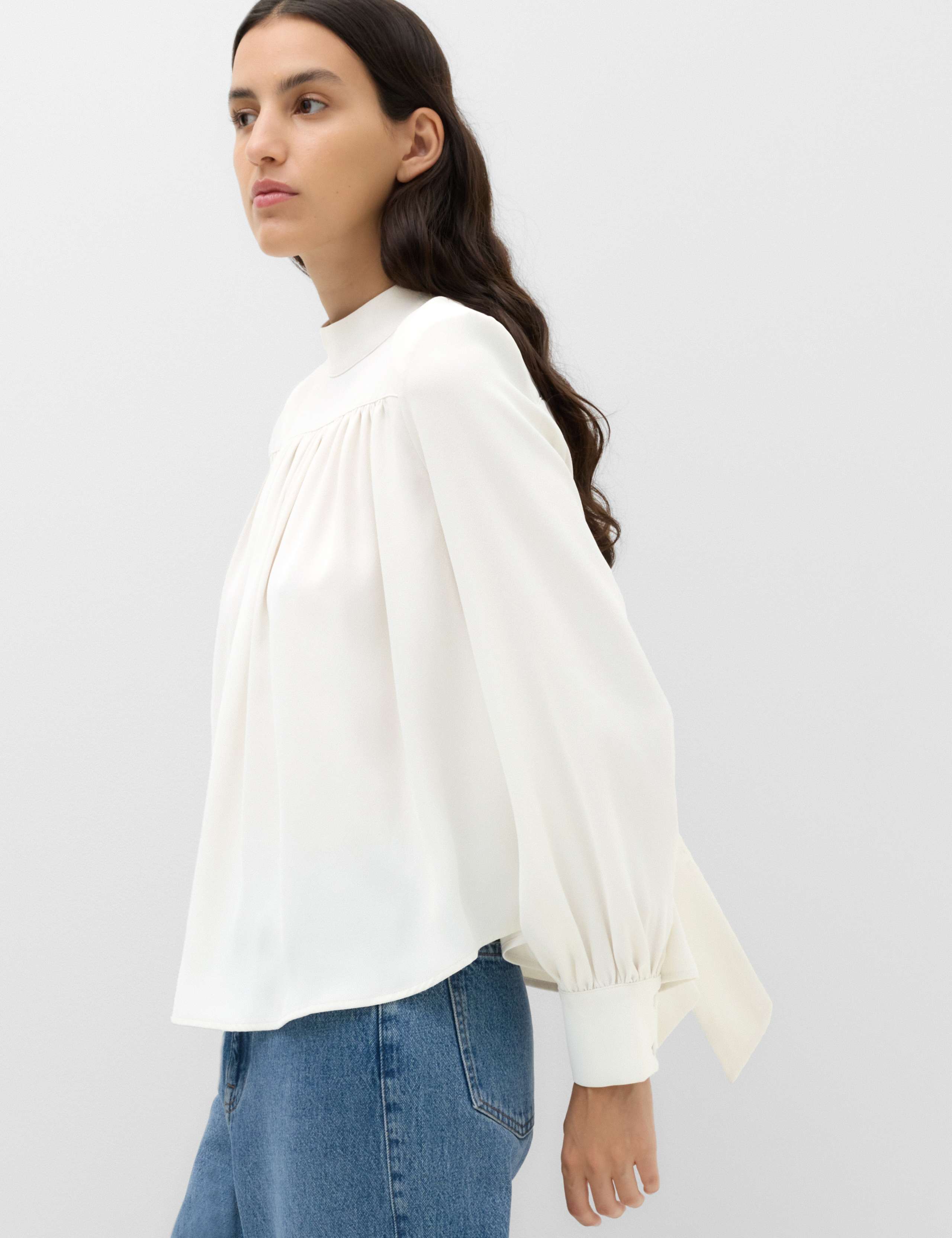 High Neck Blouson Sleeve Blouse