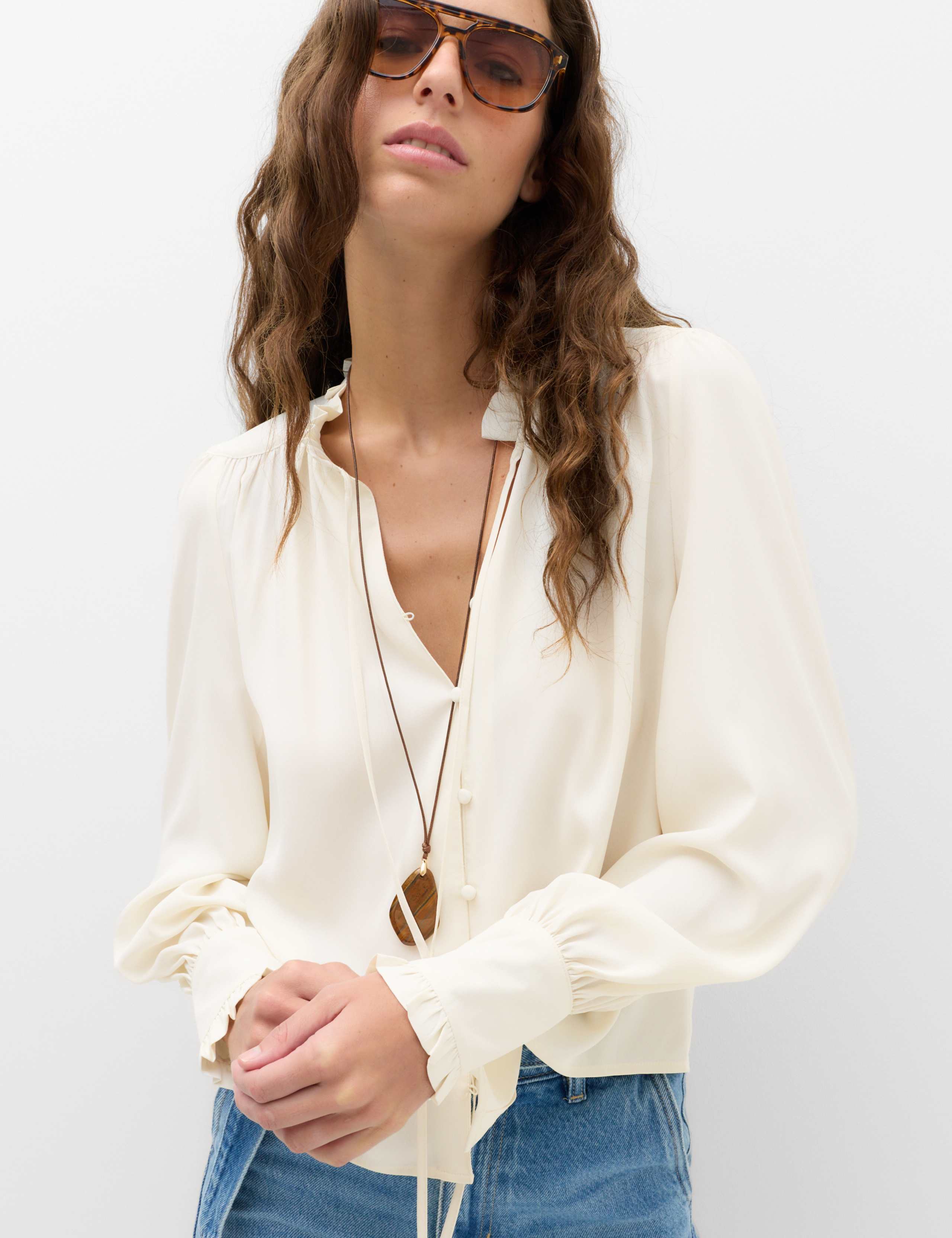 Tie Neck Blouson Sleeve Blouse