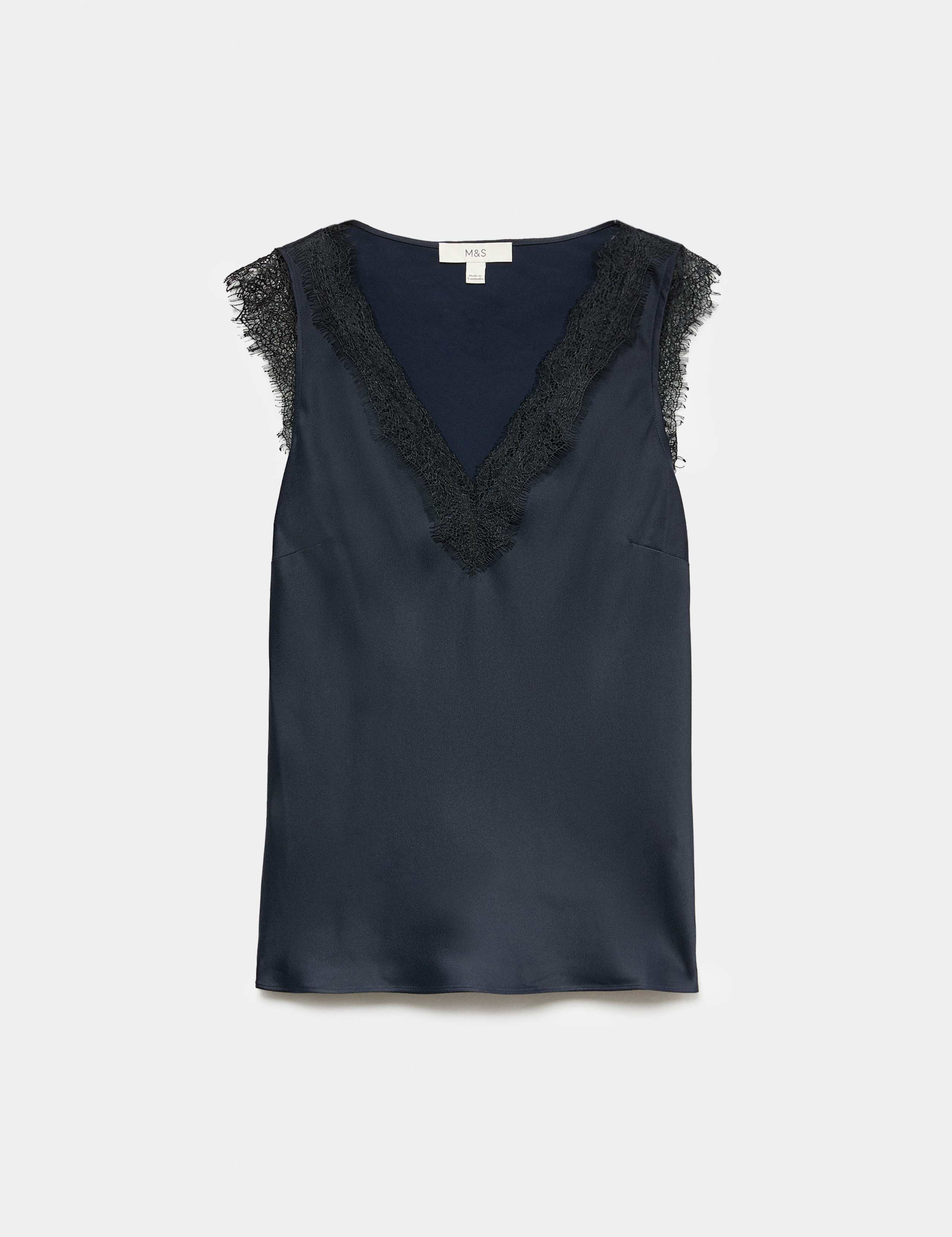 Satin V Neck Lace Insert Tie Detail Cami Top