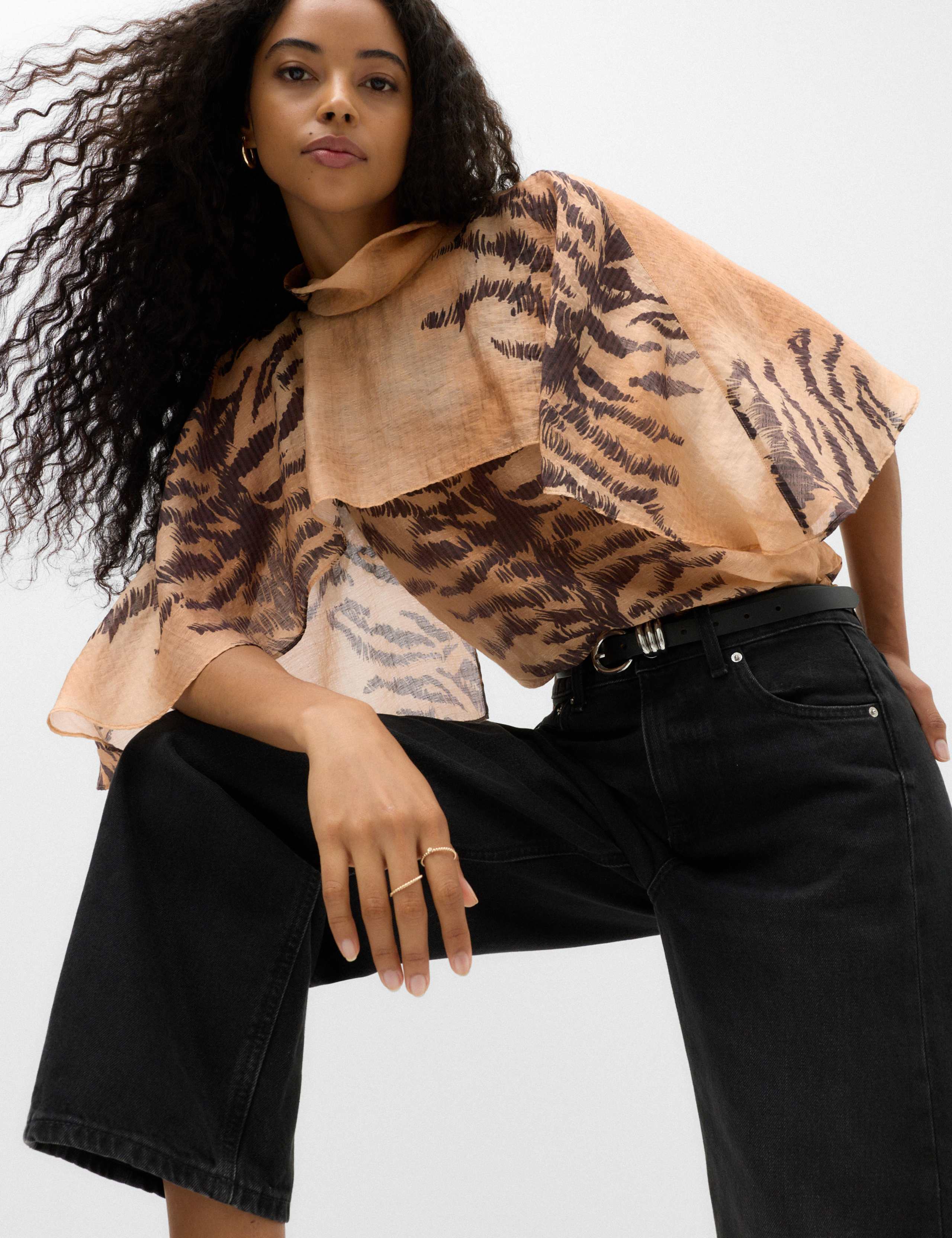 Lyocell Rich Animal Print Cape Detail Blouse