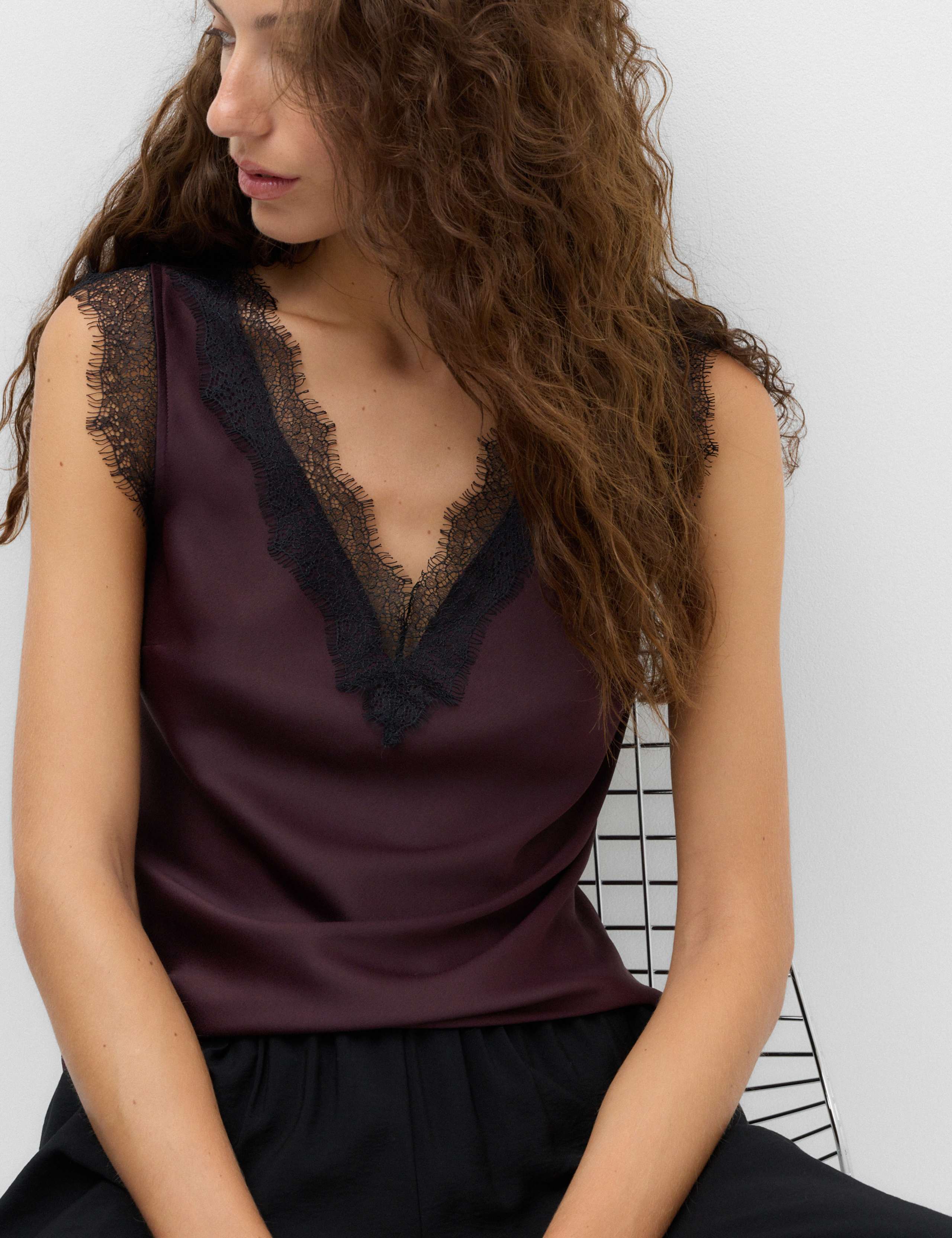 Satin V-Neck Lace Insert Cami Top