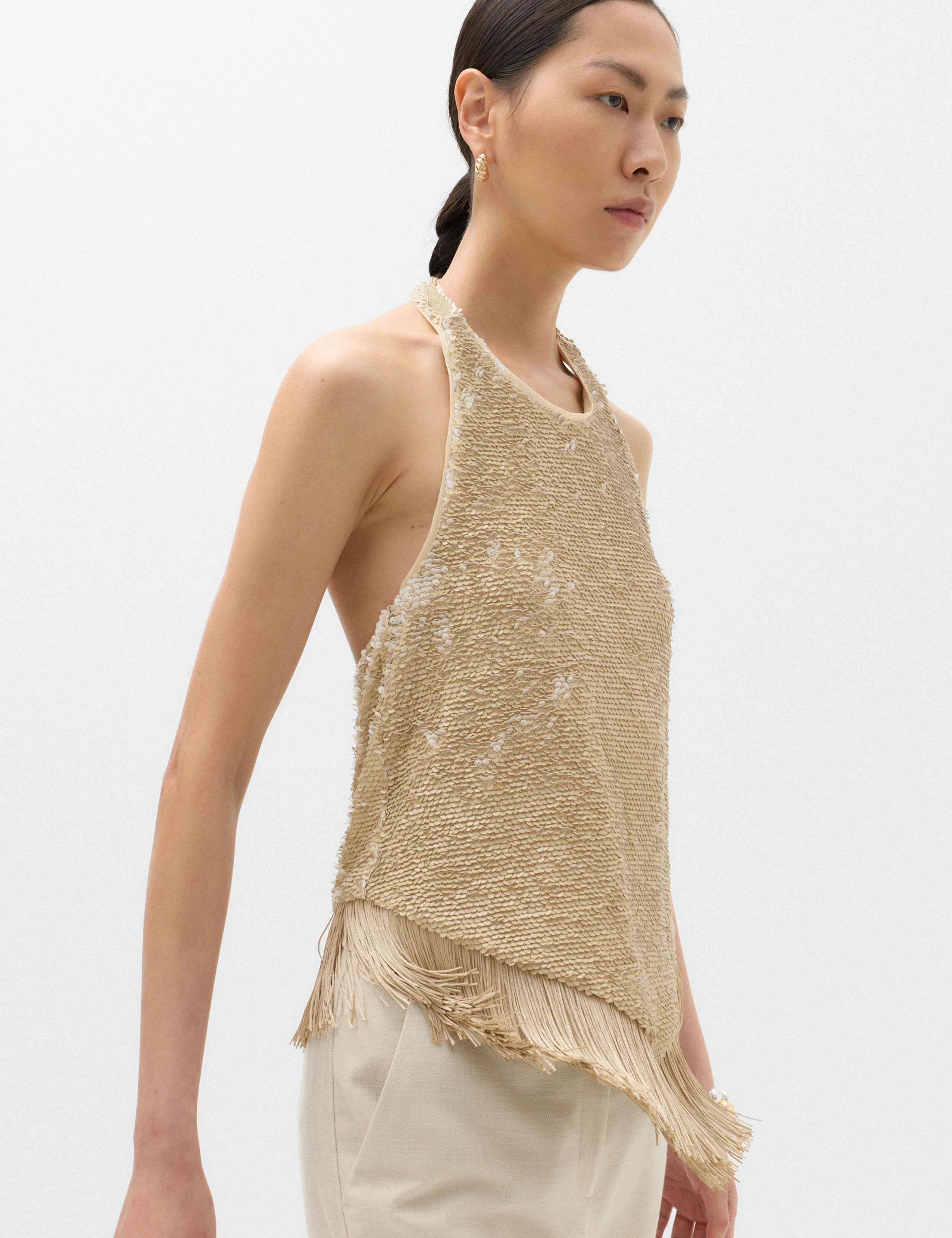 Sequin Fringe Detail Halter Neck Crop Top