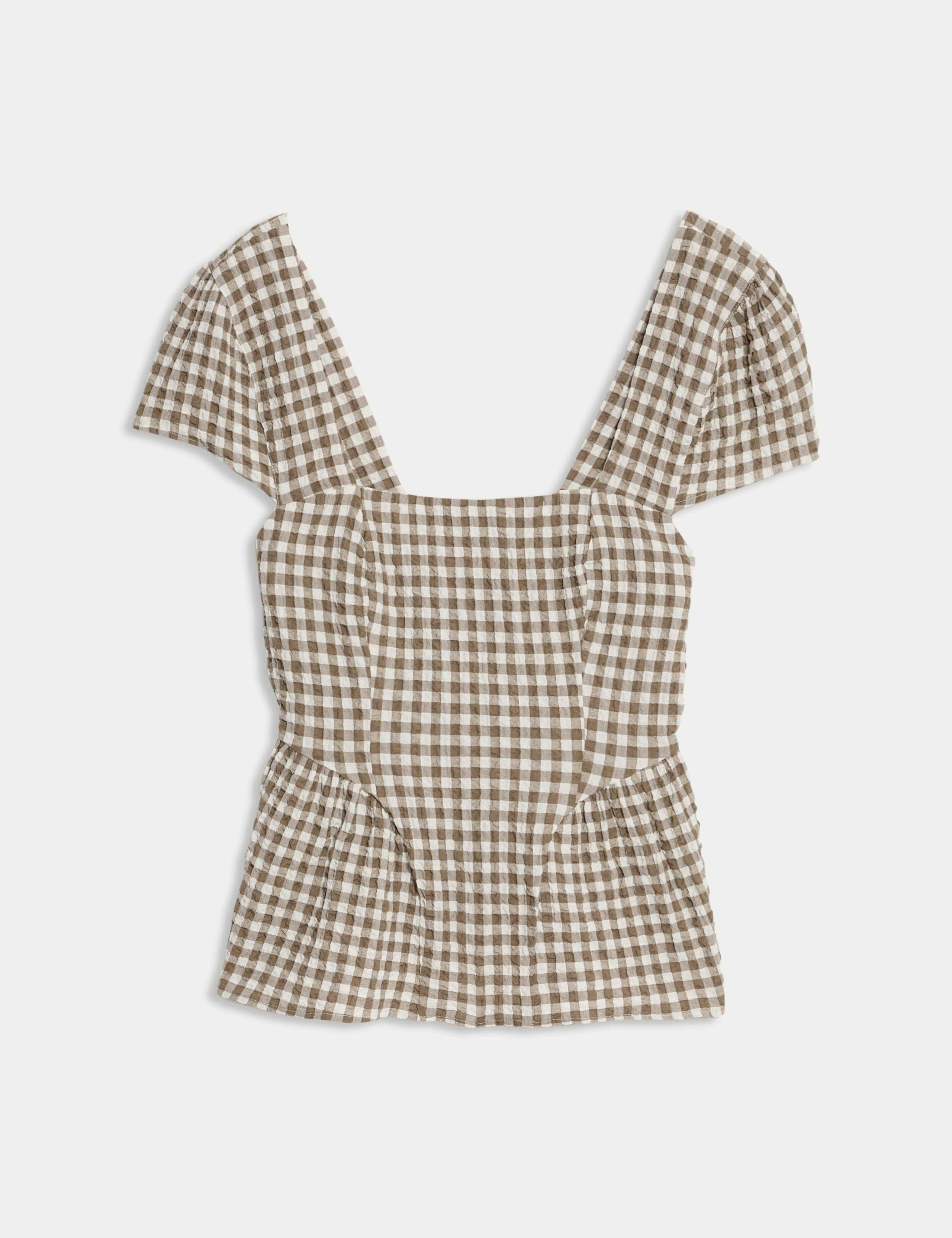 Cotton Rich Checked Cap Sleeve Peplum Top