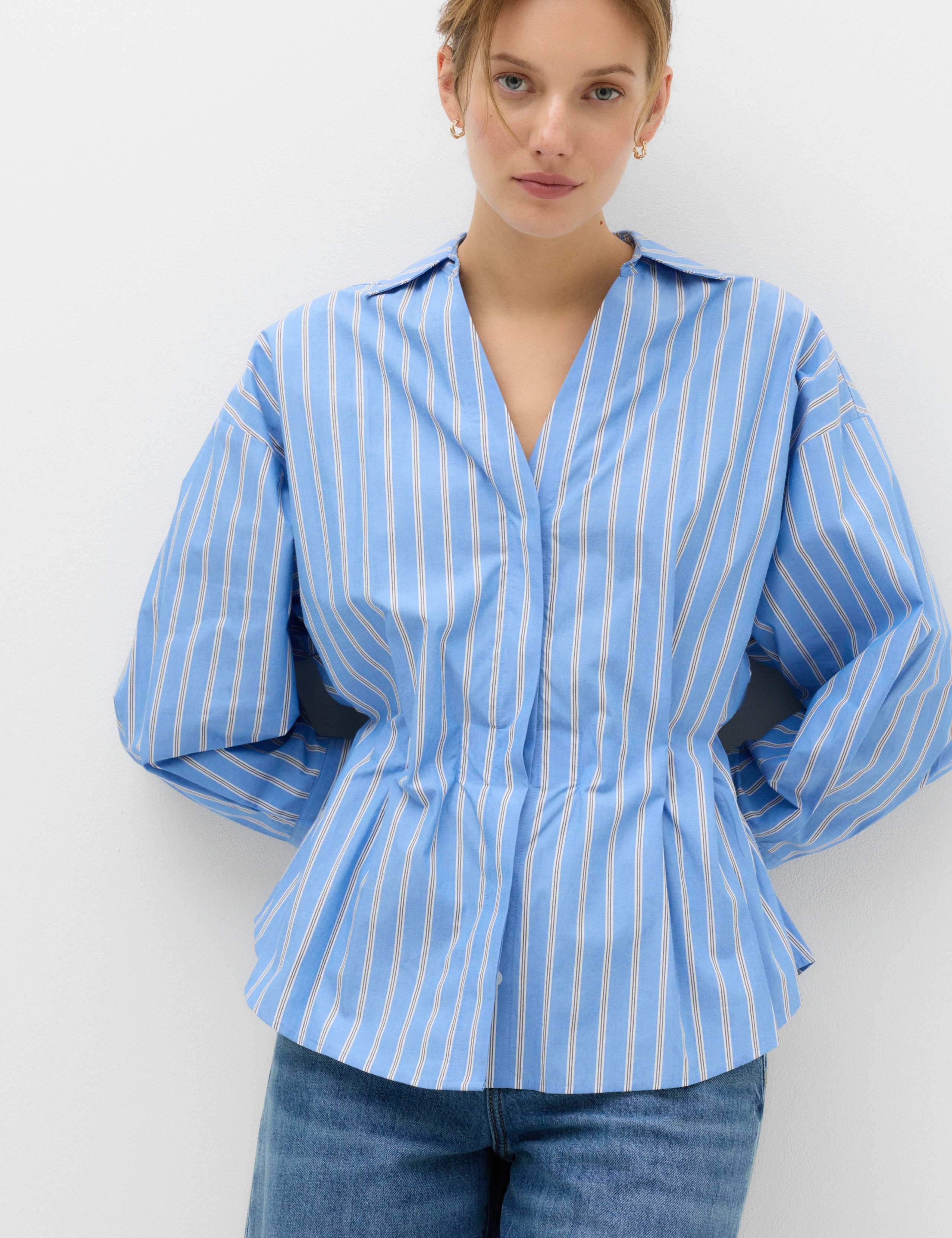 Pure Cotton Striped Collared Waisted Shirt