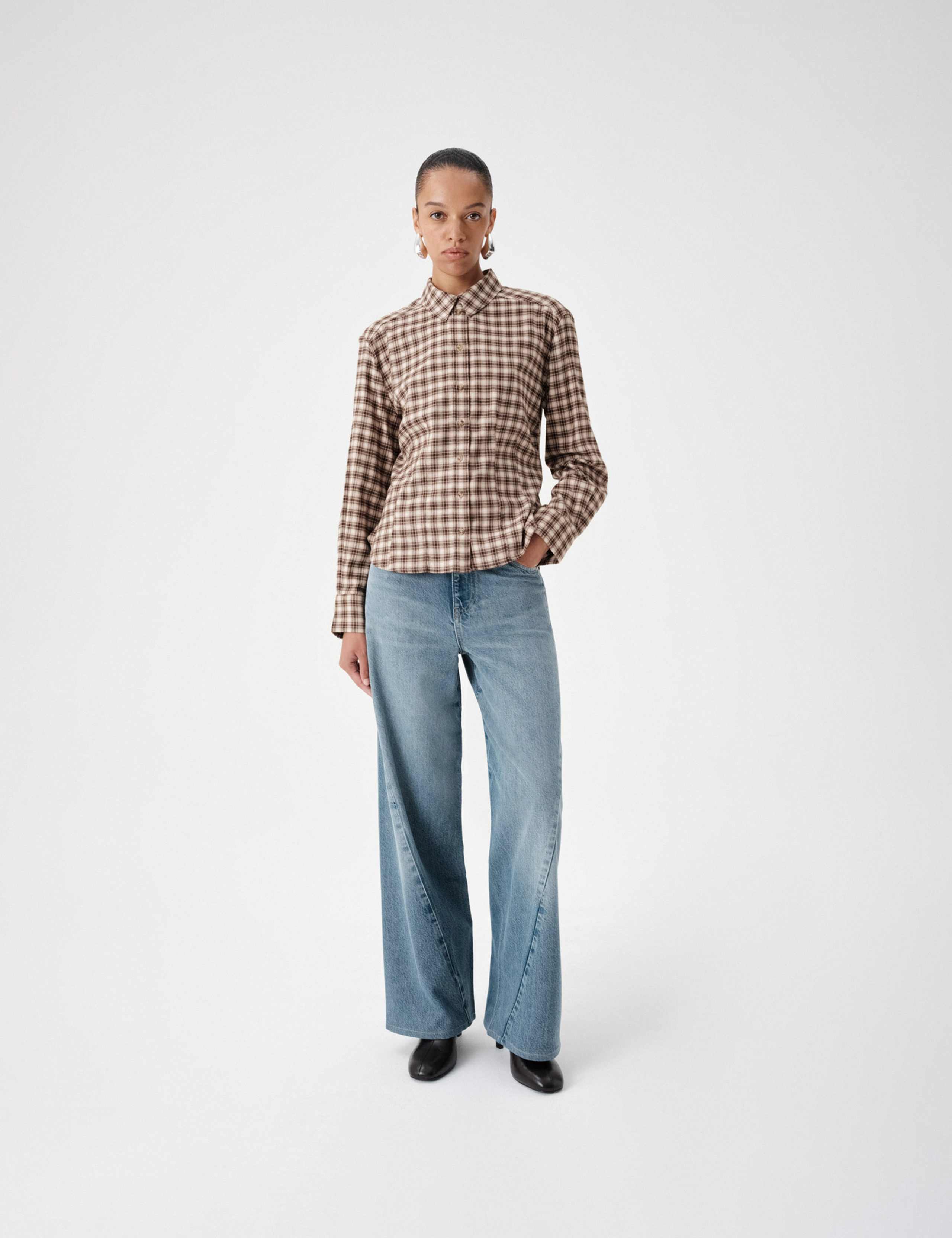 Cotton Blend Check Tie Neck Fitted Shirt