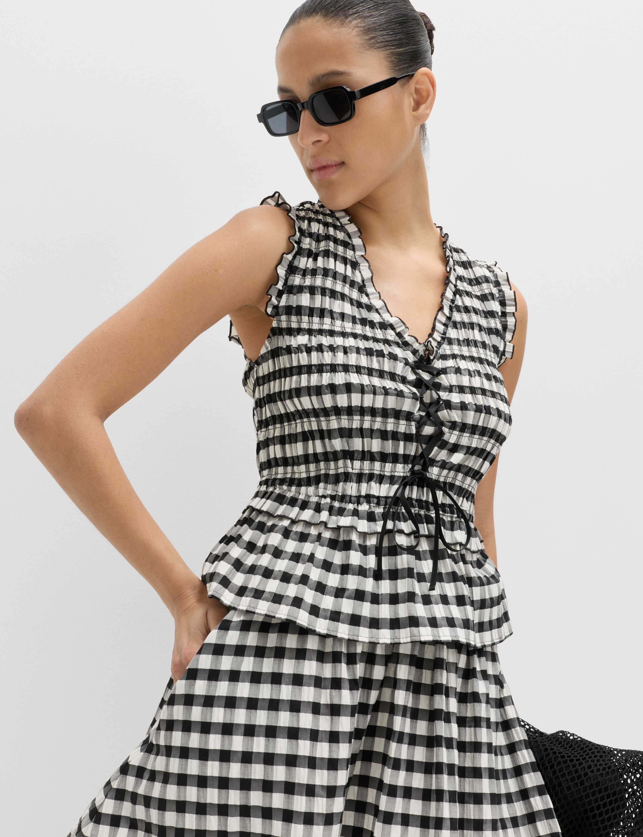 Cotton Blend Gingham Shirred Peplum Top