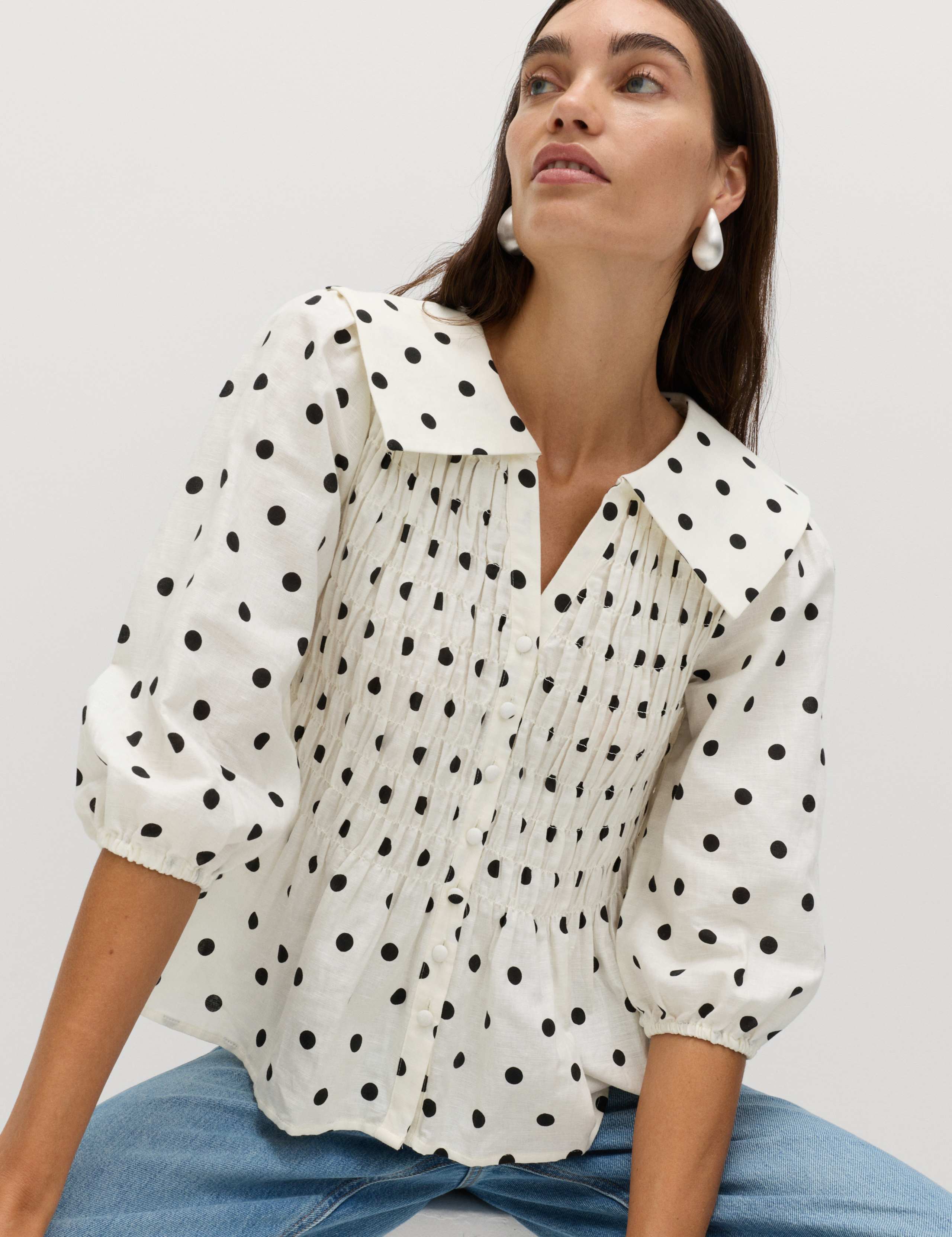 Linen Rich Polka Dot Shirred Blouse