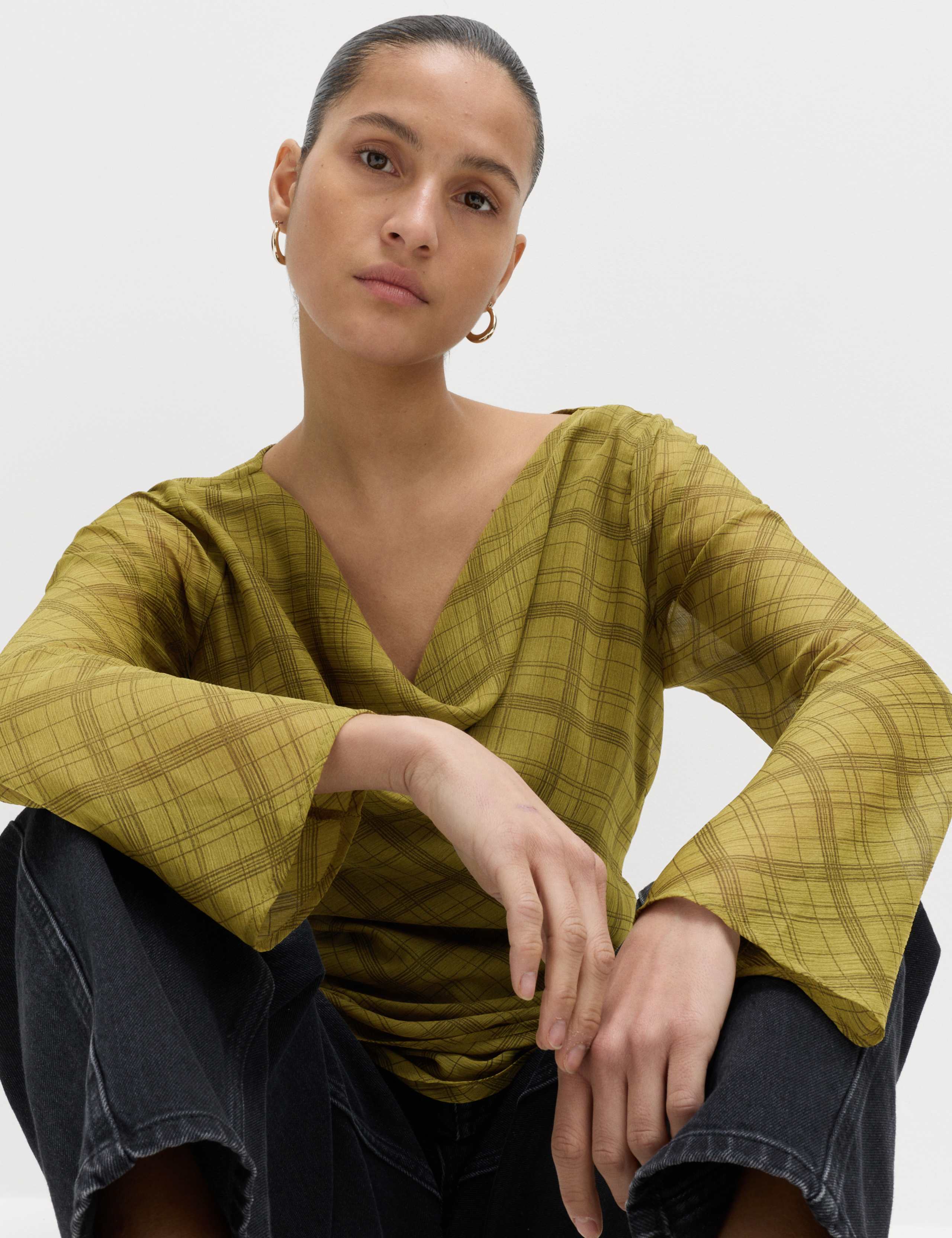 Checked Cowl Neck Top