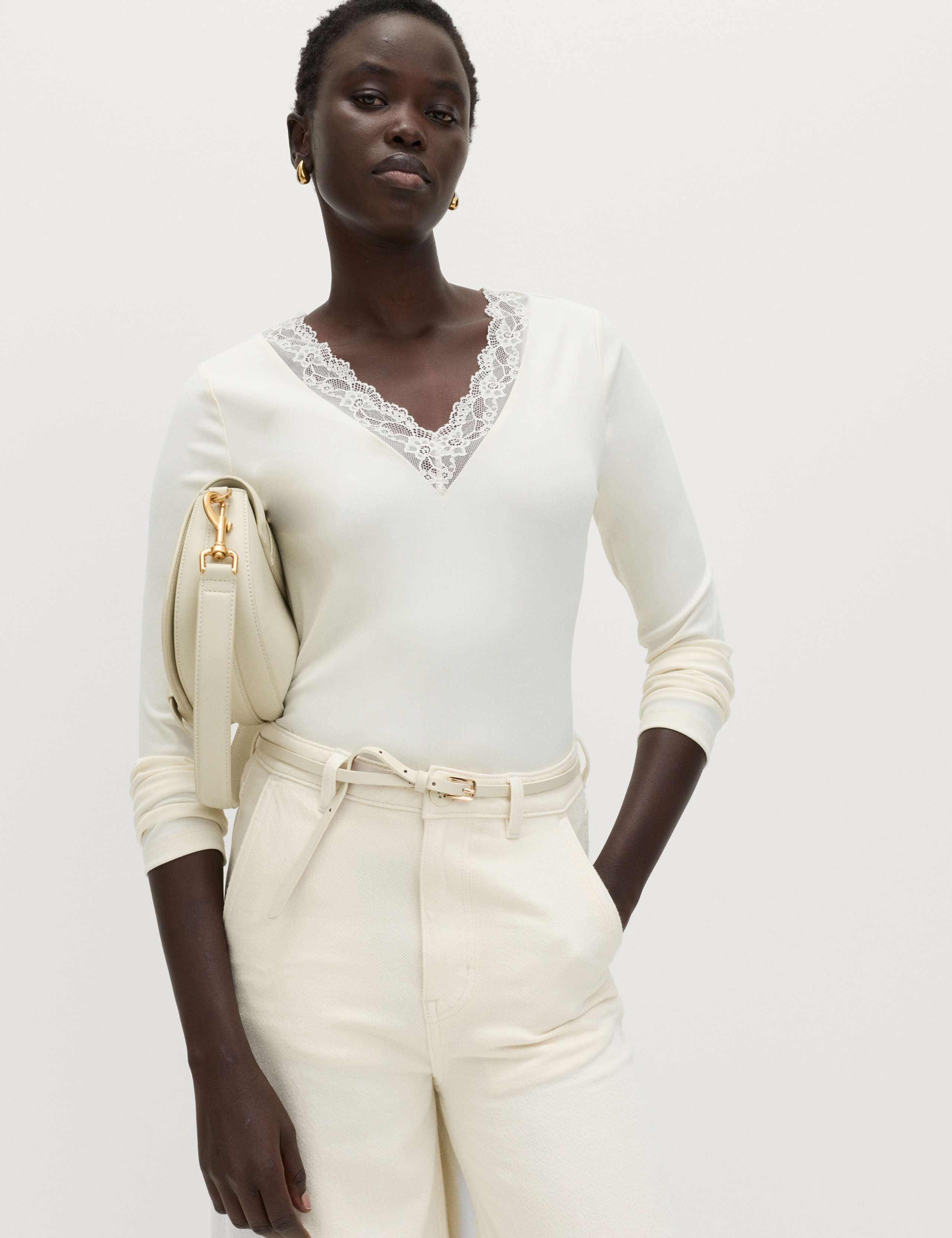 Jersey Lace Insert V-Neck Top