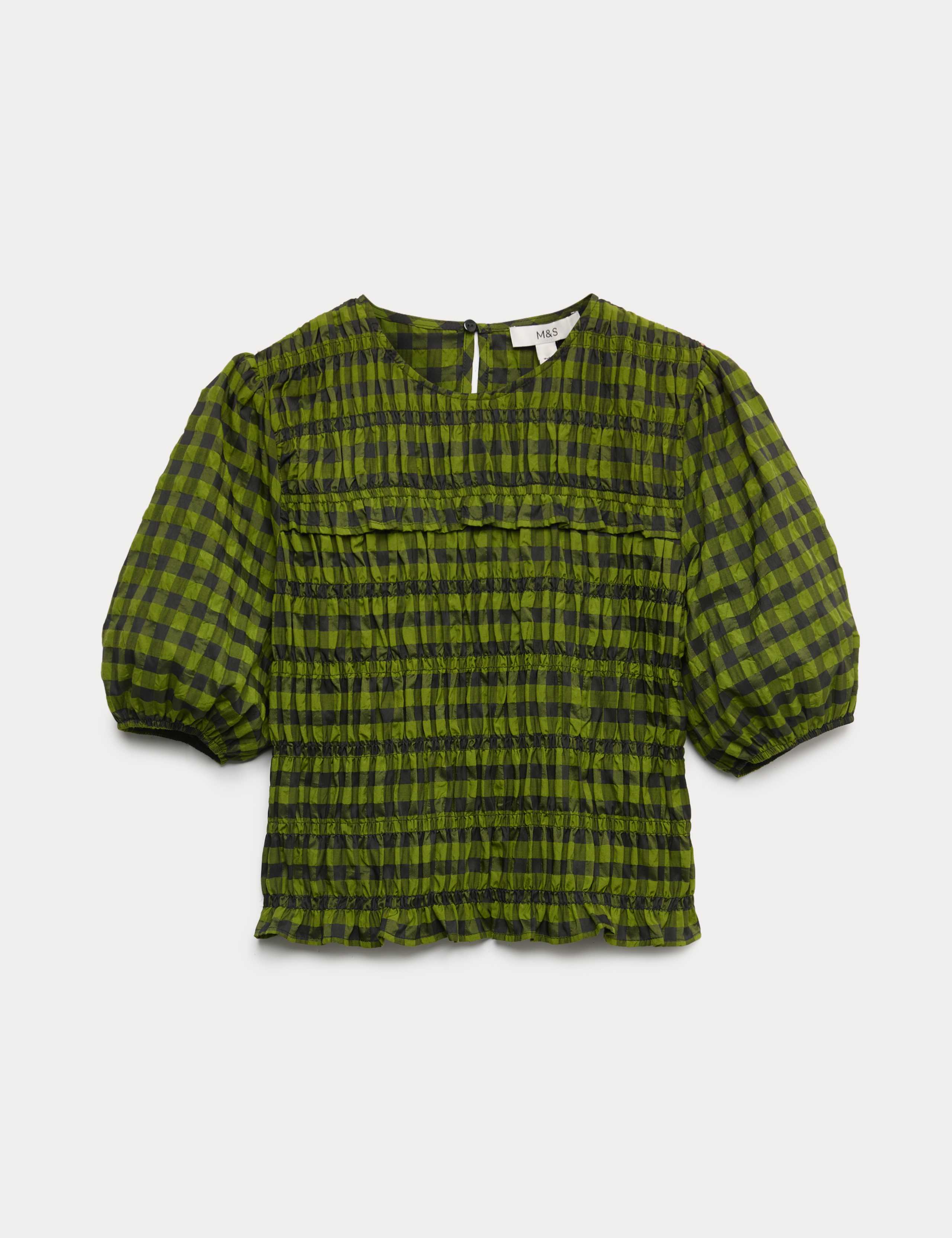 Cotton Blend Checked Shirred Detail Top