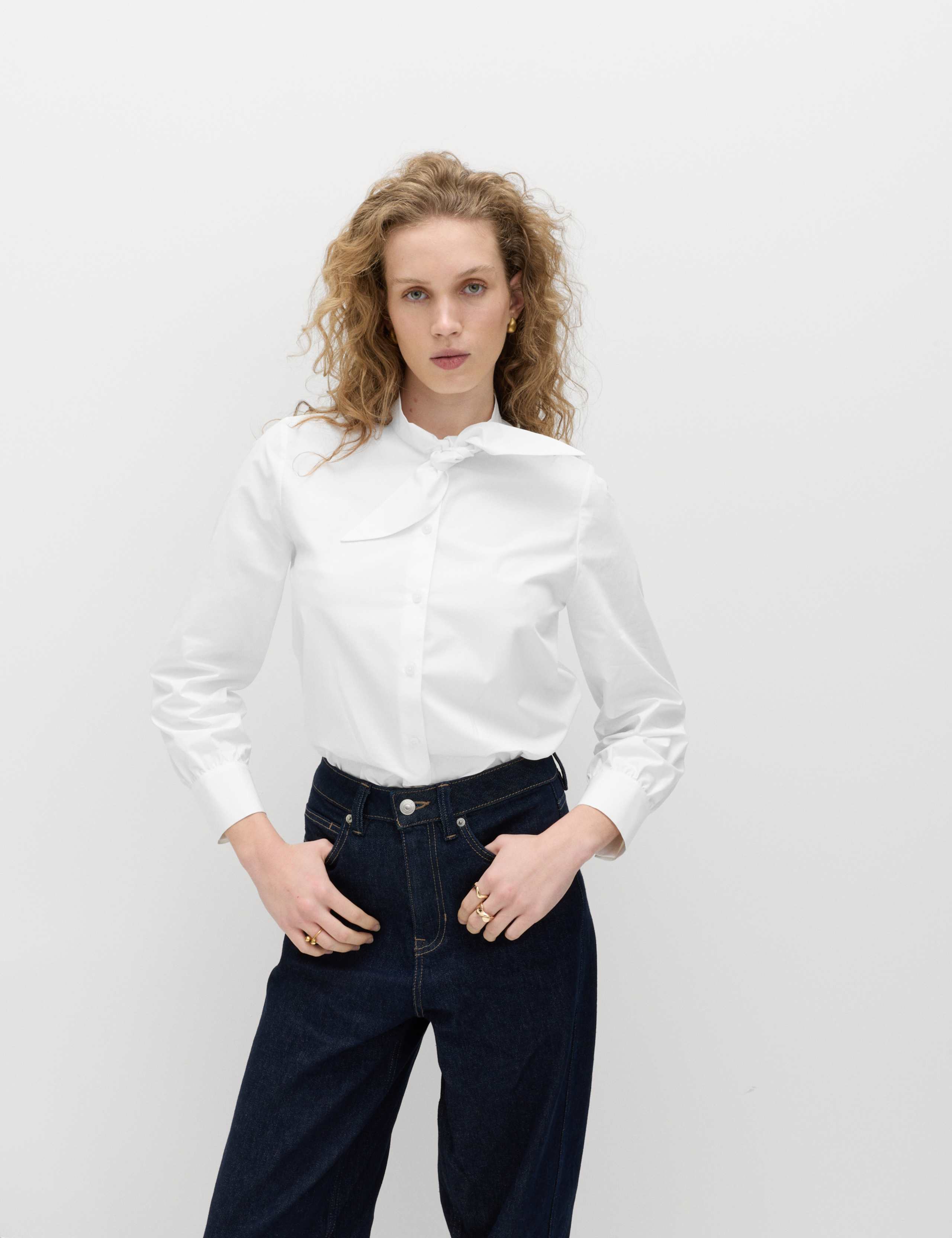 Pure Cotton Tie Neck Blouson Sleeve Shirt