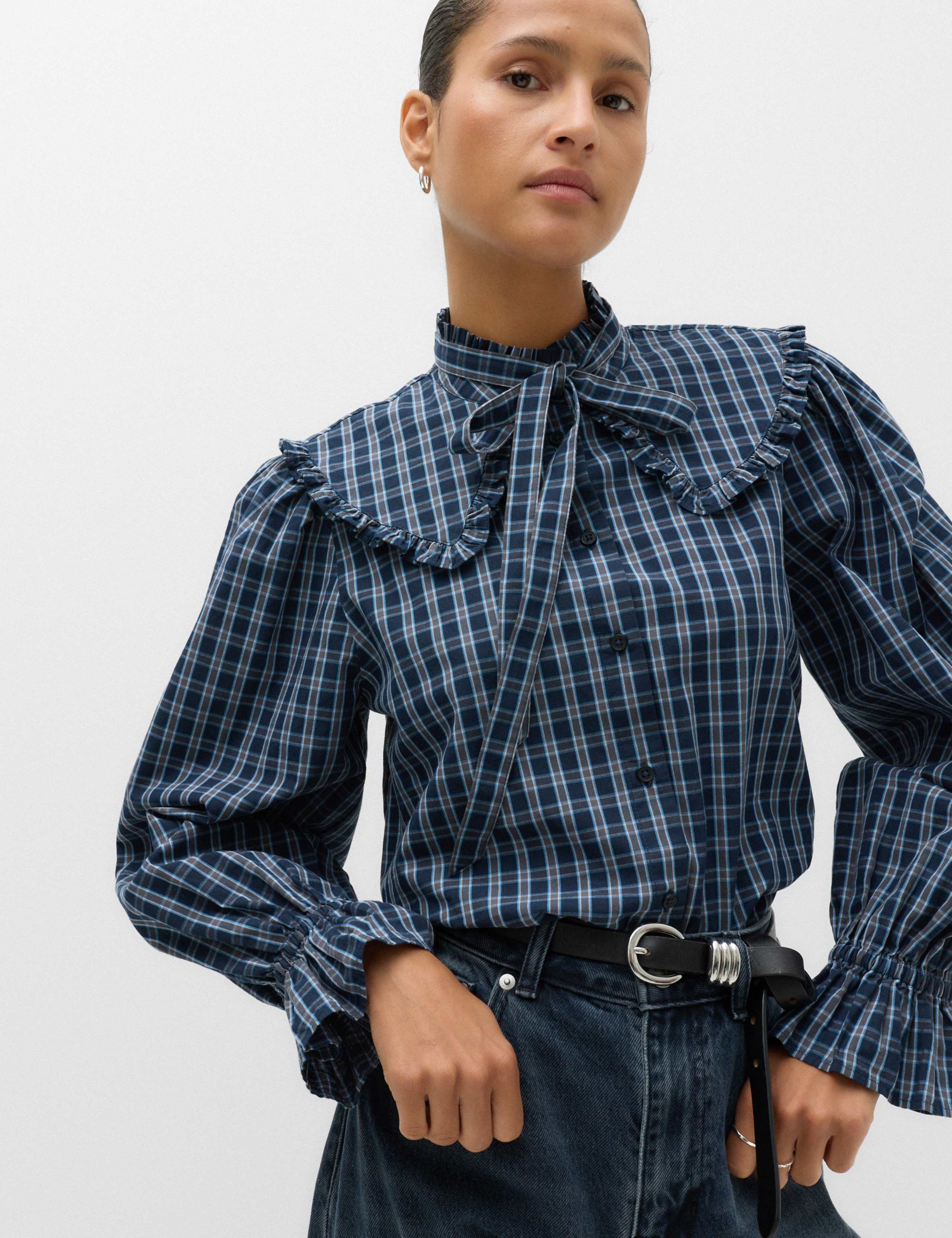 Pure Cotton Checked Tie Neck Shirt