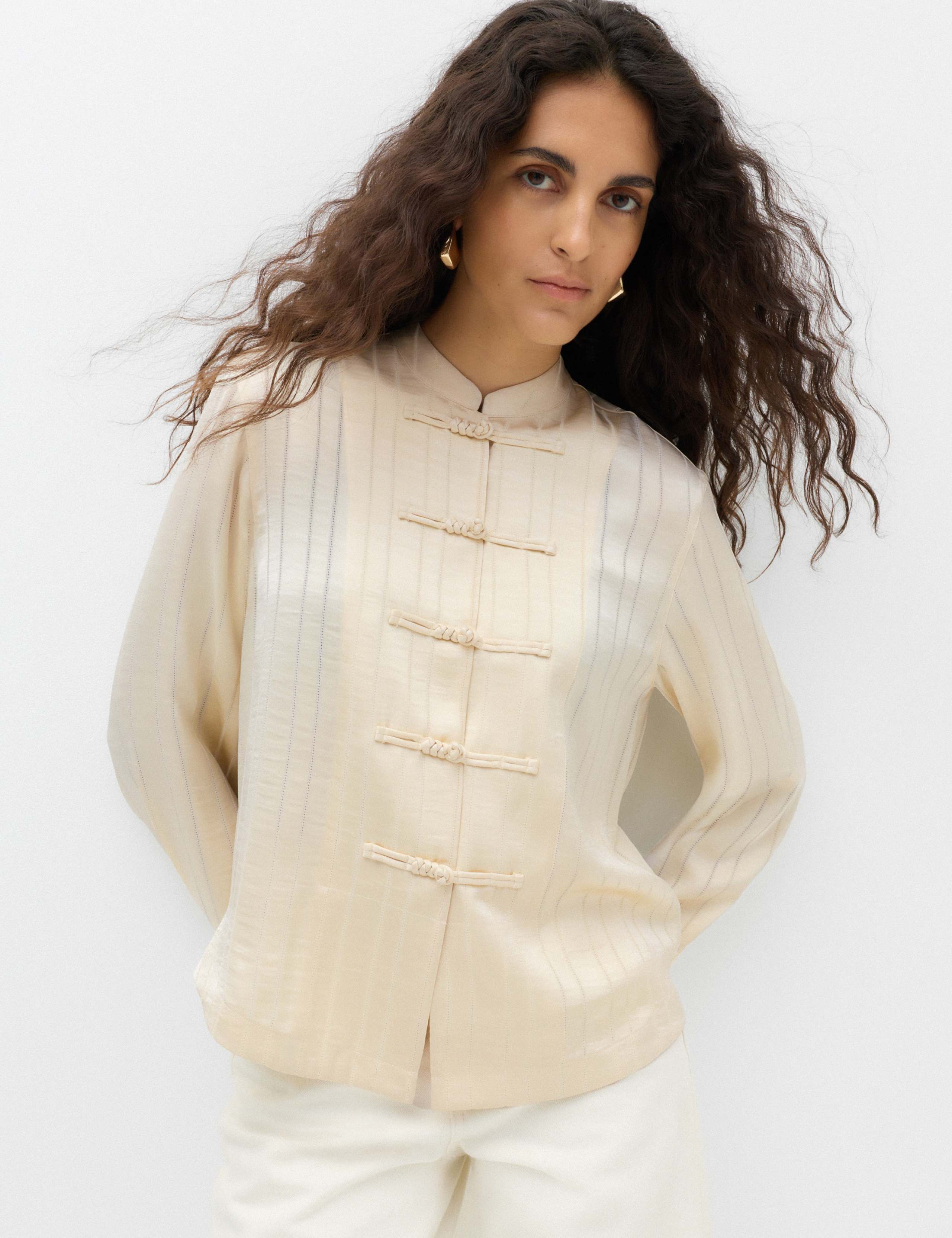 Striped High Neck Knot Detail Shirt