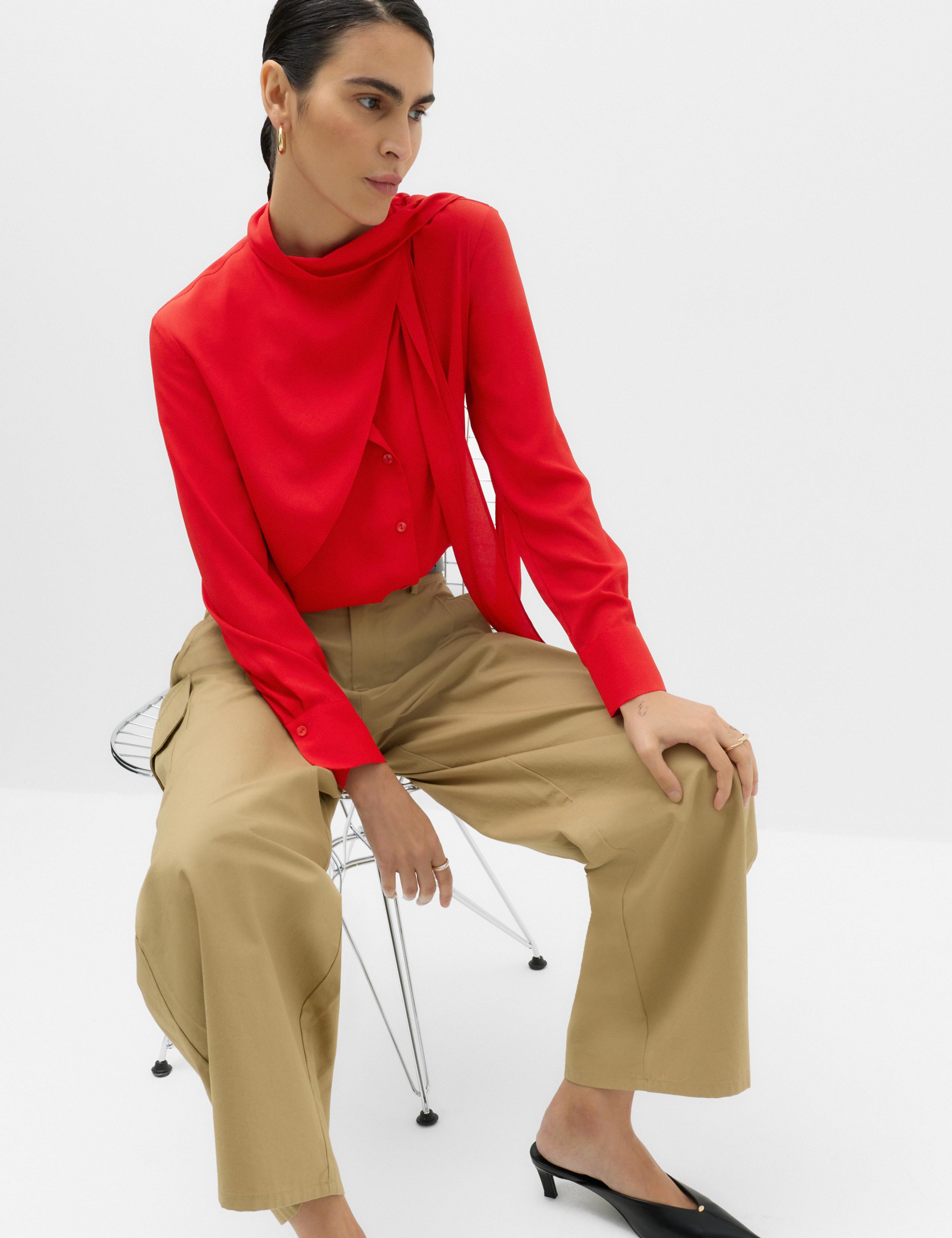 Draped Scarf Neck Button Through Shirt