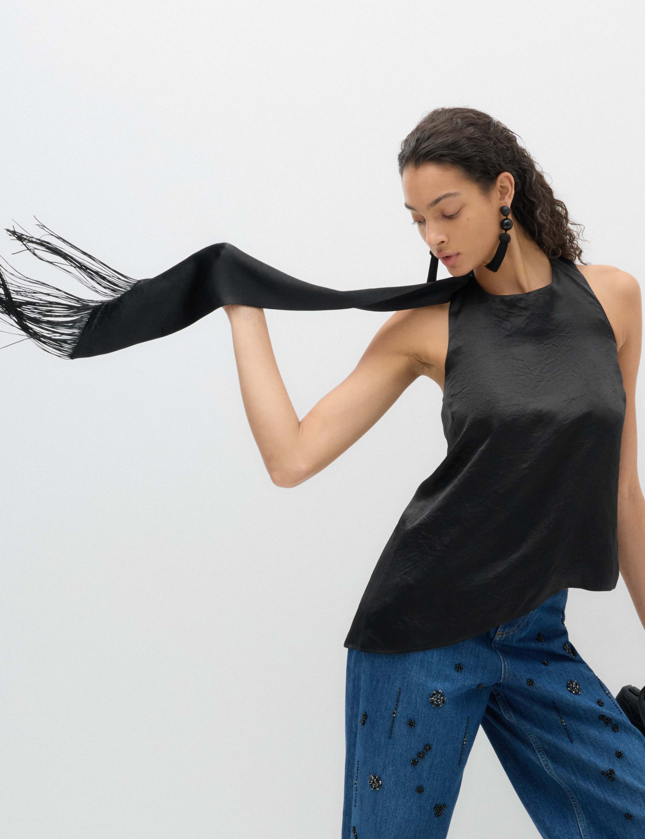 Satin Halter Neck Scarf Detail Top