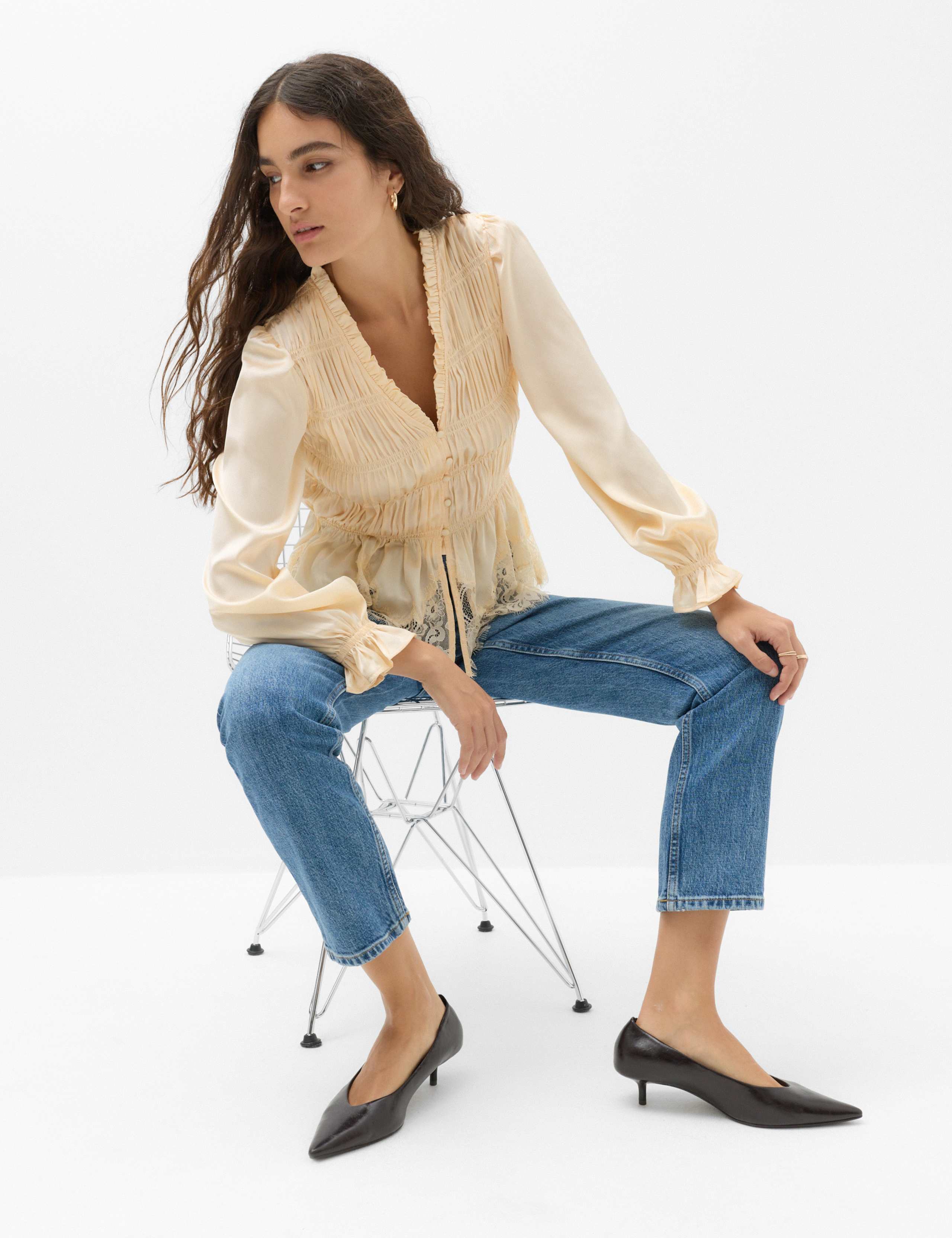 Satin Lace V Neck Shirred Top