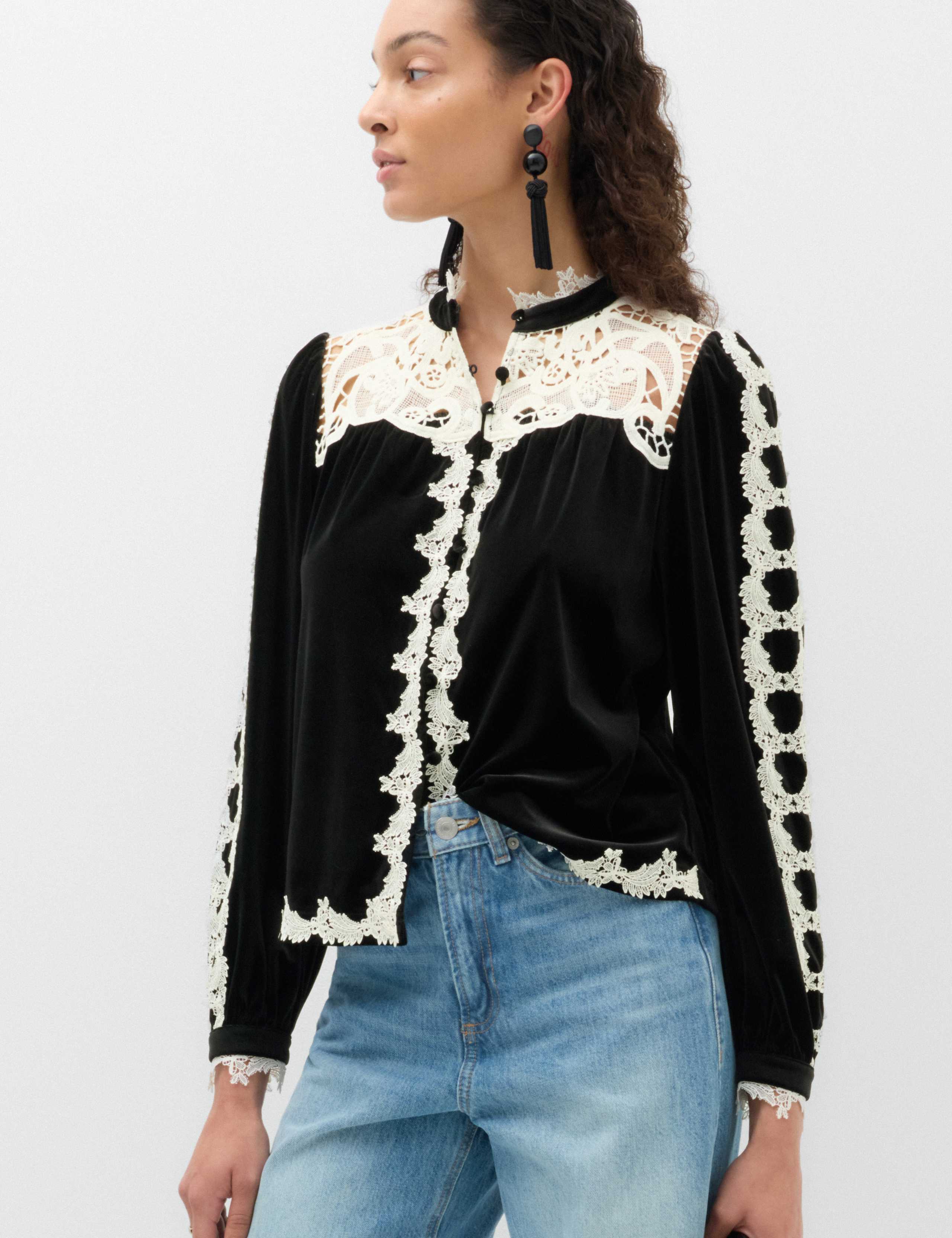 Velvet High Neck Lace Insert Blouse