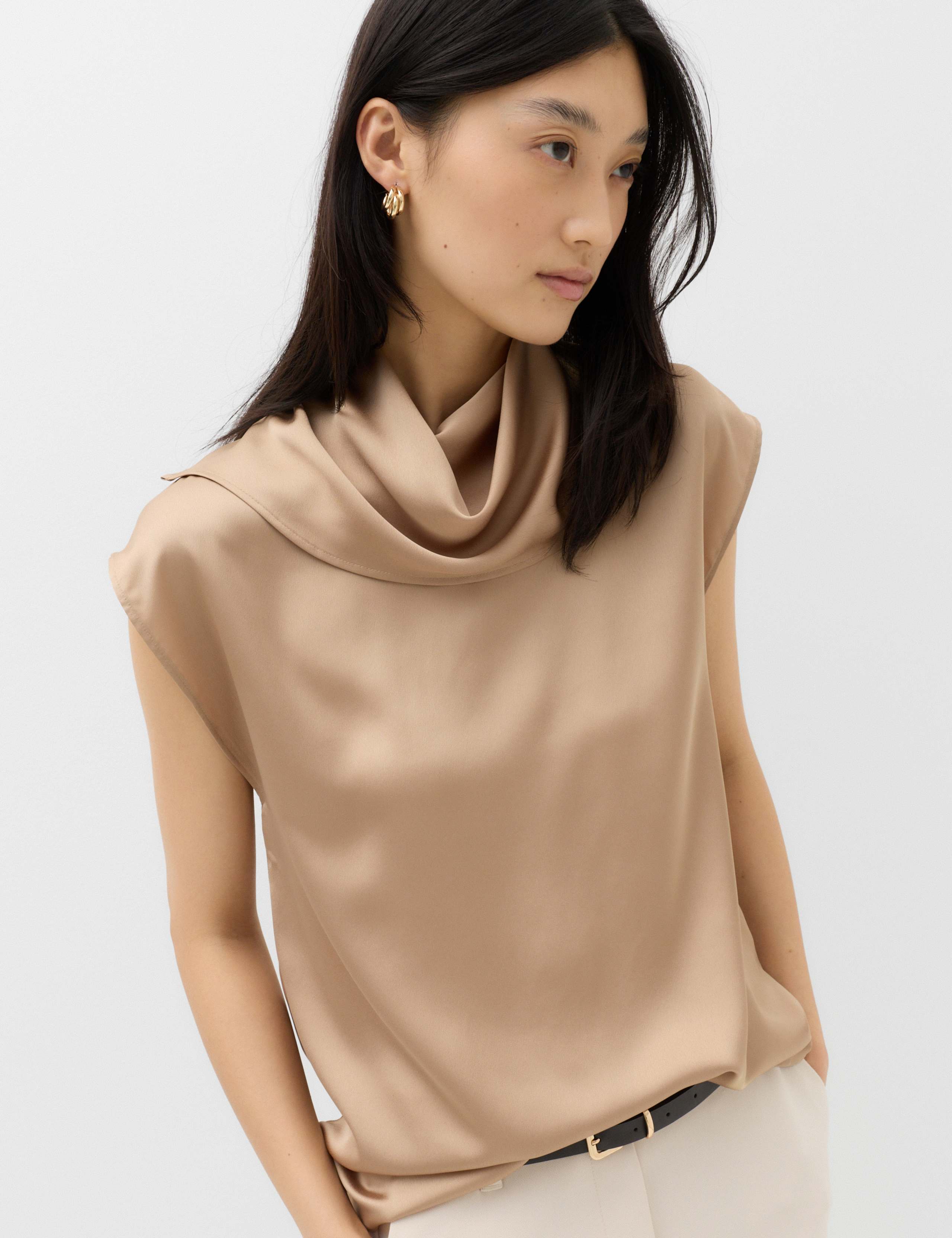 Satin High Neck Scarf Detail Top