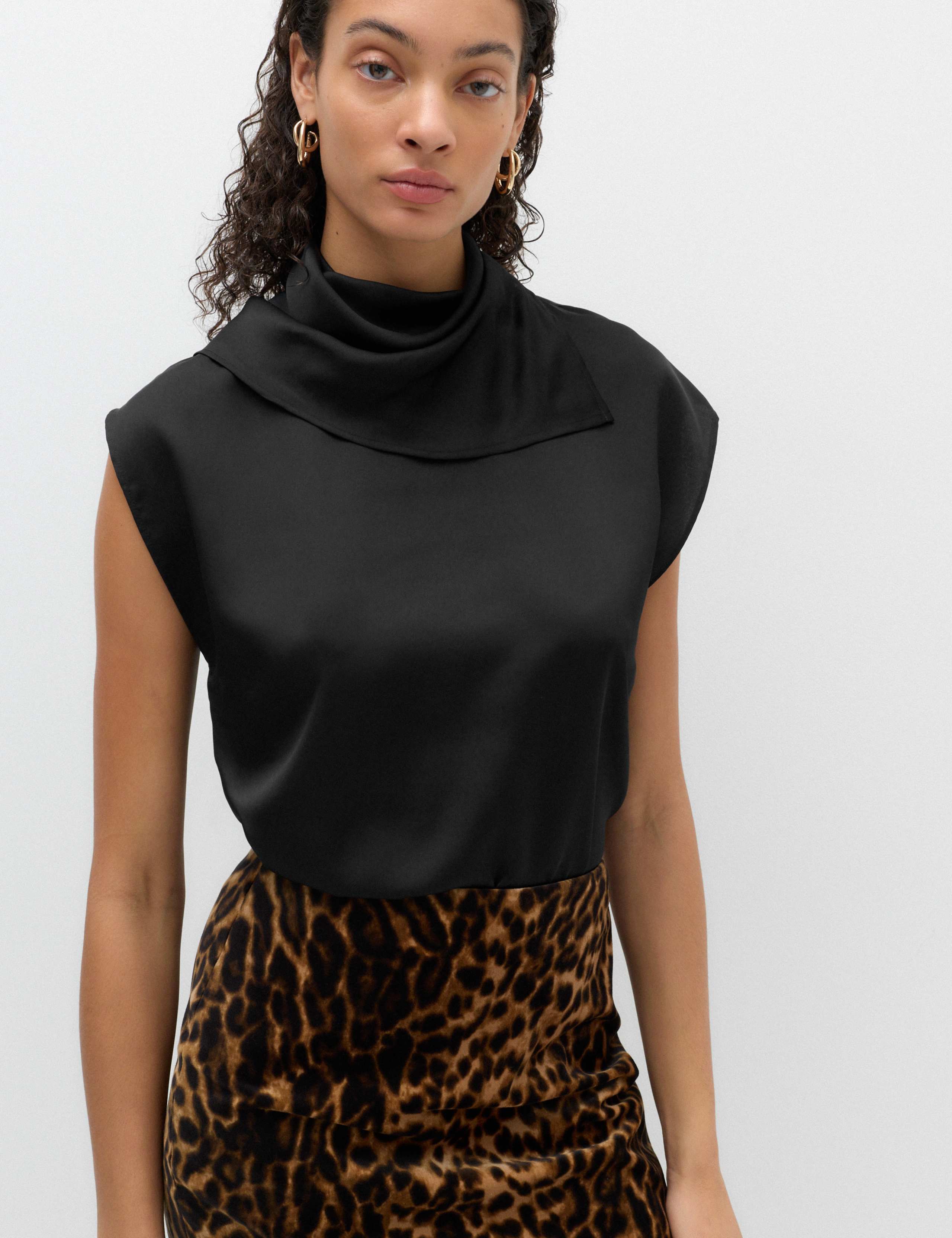 Satin High Neck Scarf Detail Top