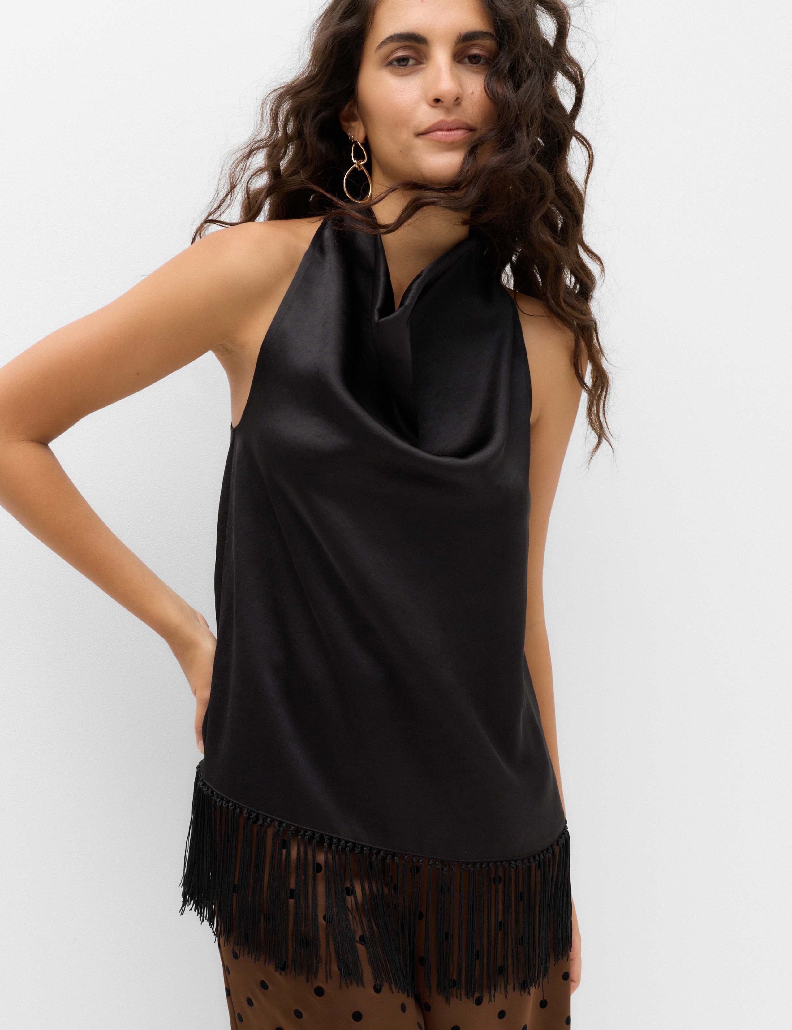 Satin Cowl Neck Tassel Top