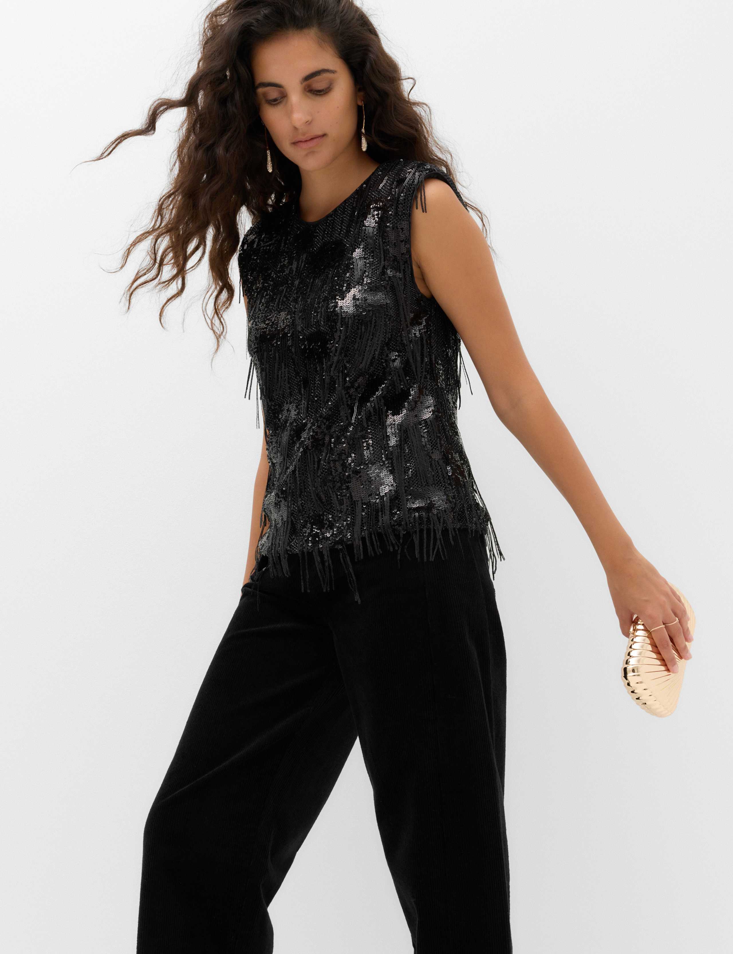 Sequin Round Neck Fringe Detail Shell Top