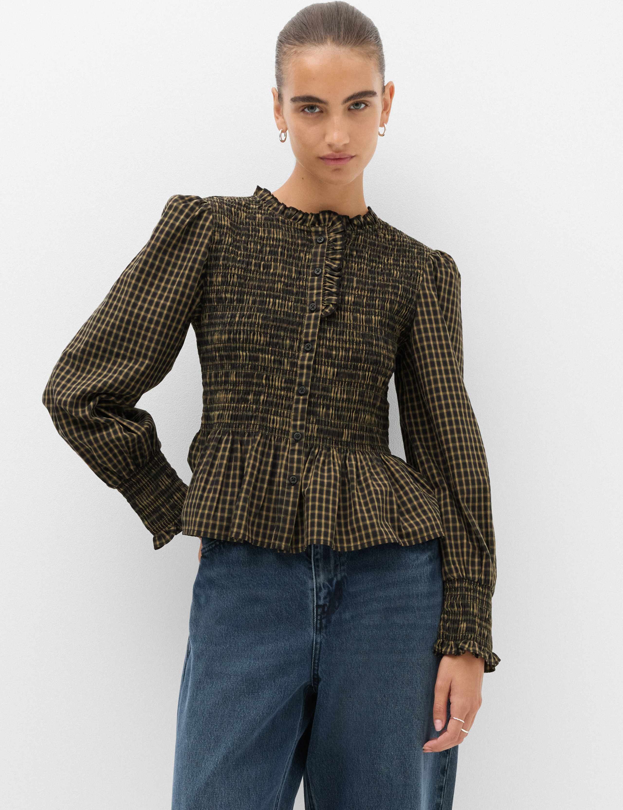 Pure Cotton Checked Frill Shirred Peplum Shirt