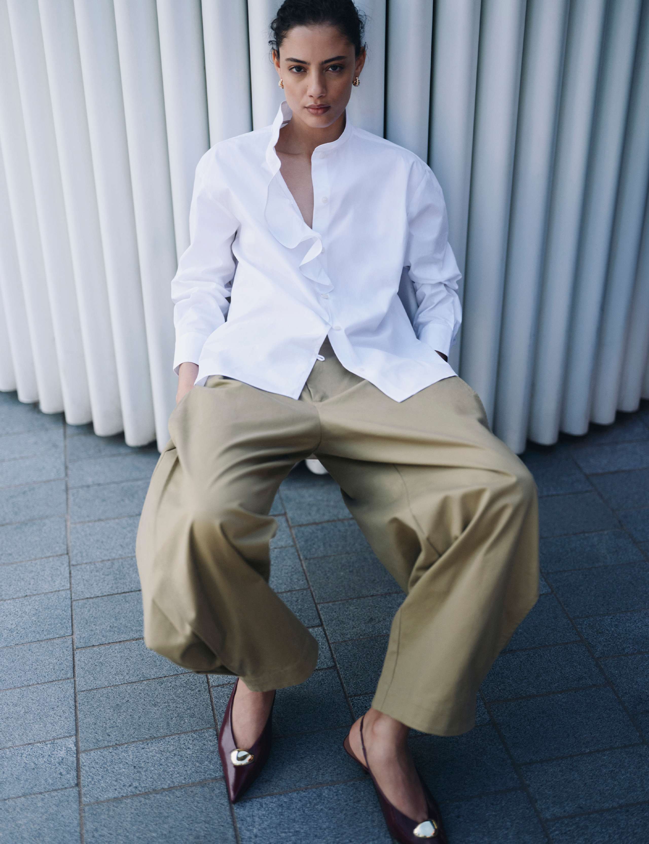 Petite Pure Cotton Frill Detail High Neck Shirt