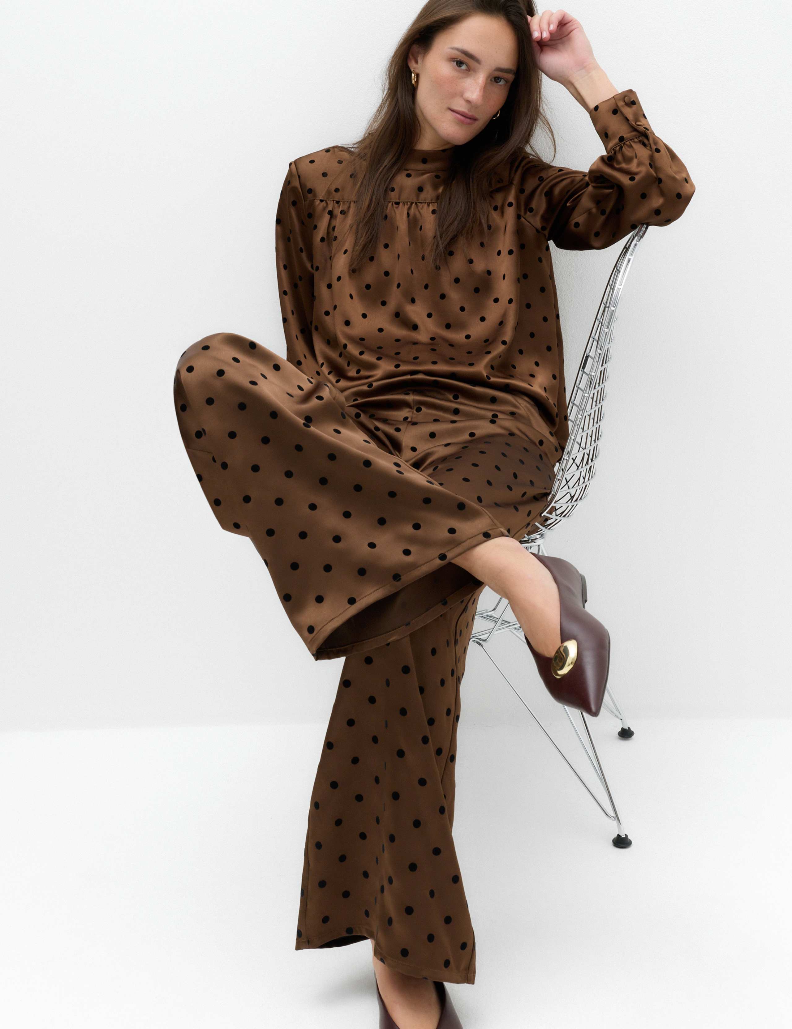 Polka Dot High Neck Padded Shoulder Top