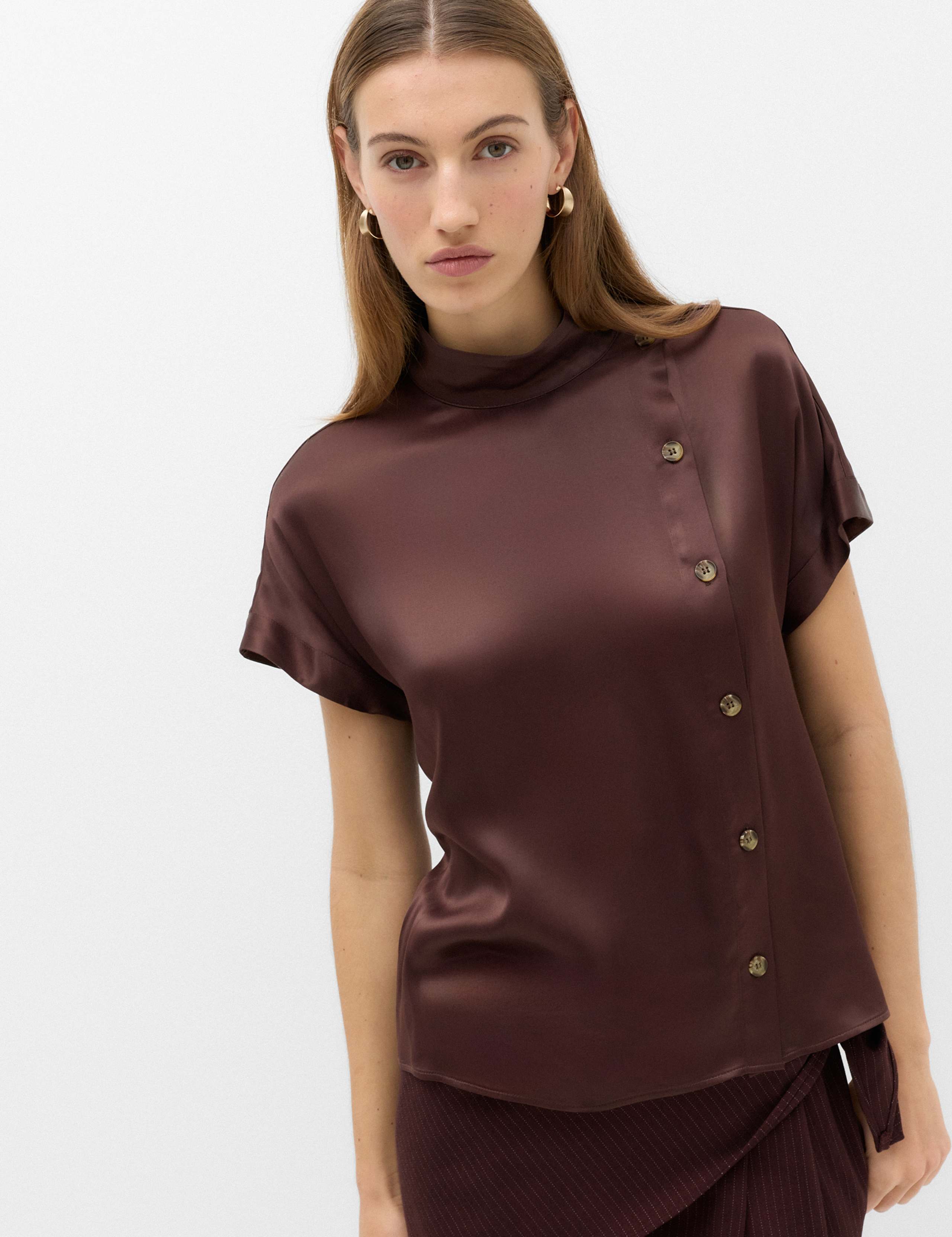 Satin Funnel Neck Button Detail Shirt