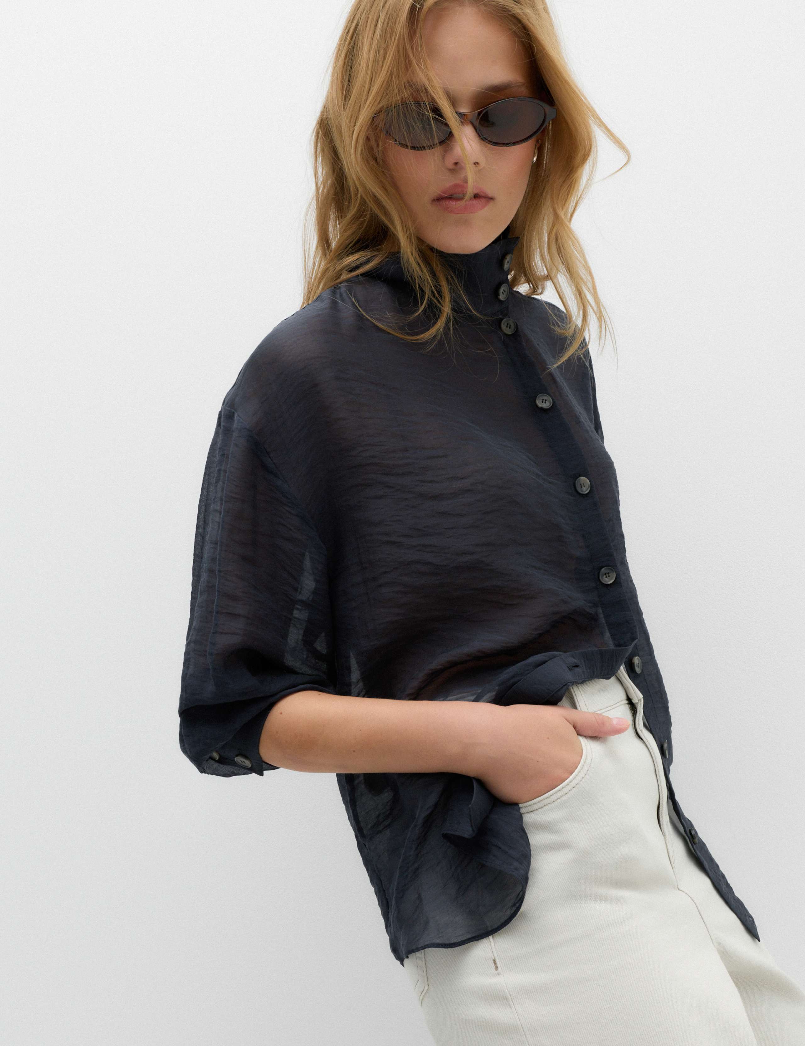 Lyocell Rich Sheer Funnel Neck Relaxed Shirt