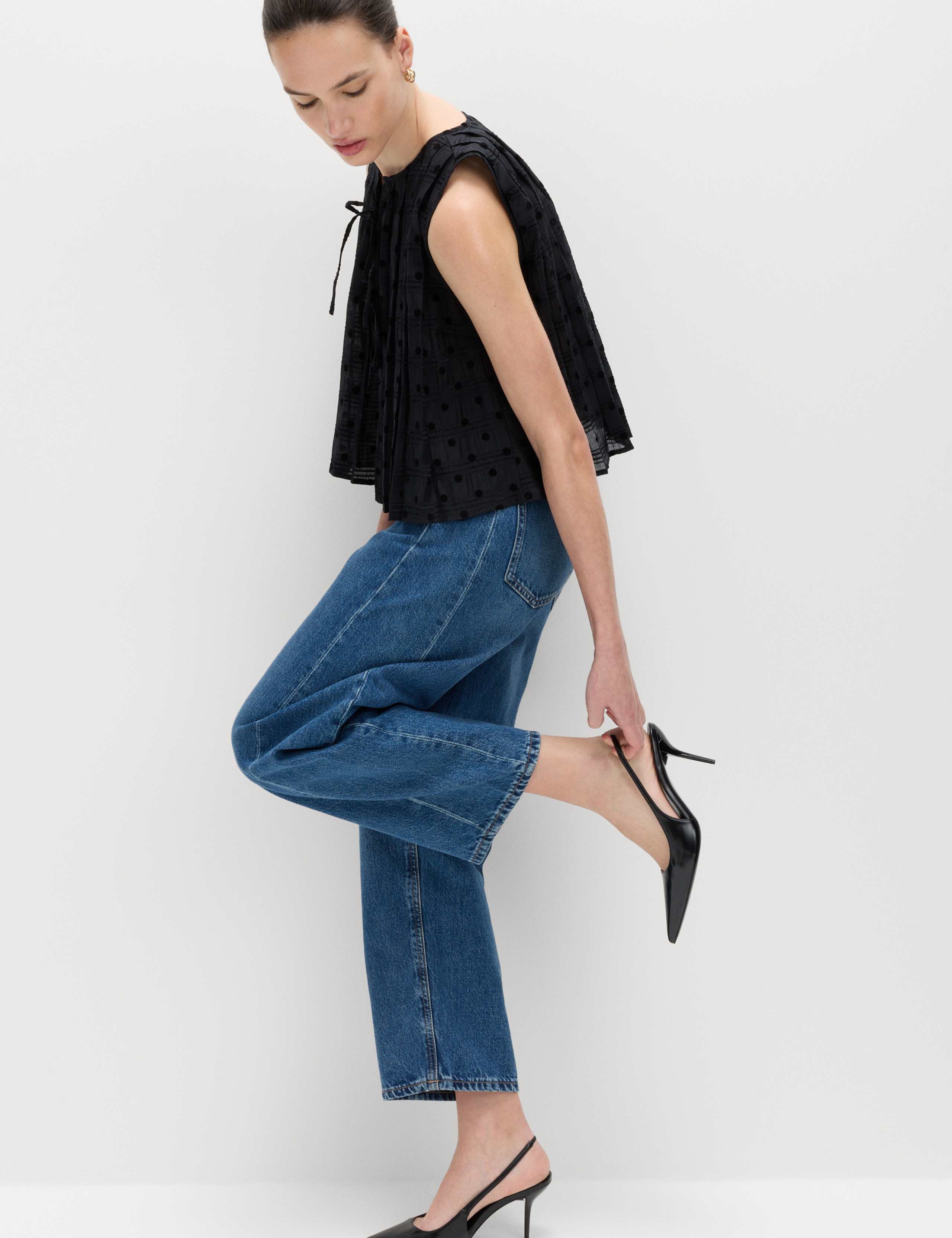 Lyocell Blend Polka Dot Tie Front Top