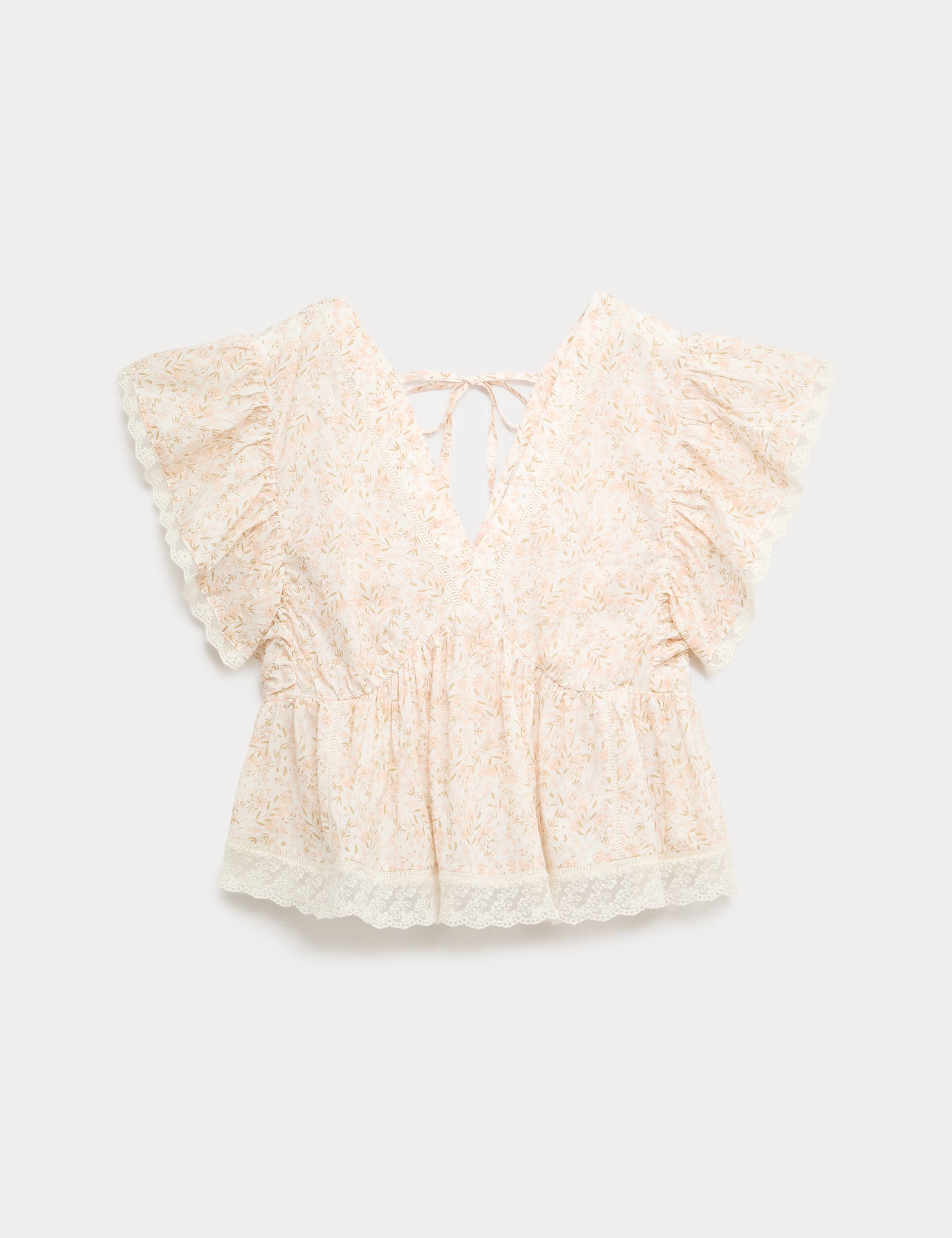 Pure Cotton Ruffle Embroidered Detail Blouse