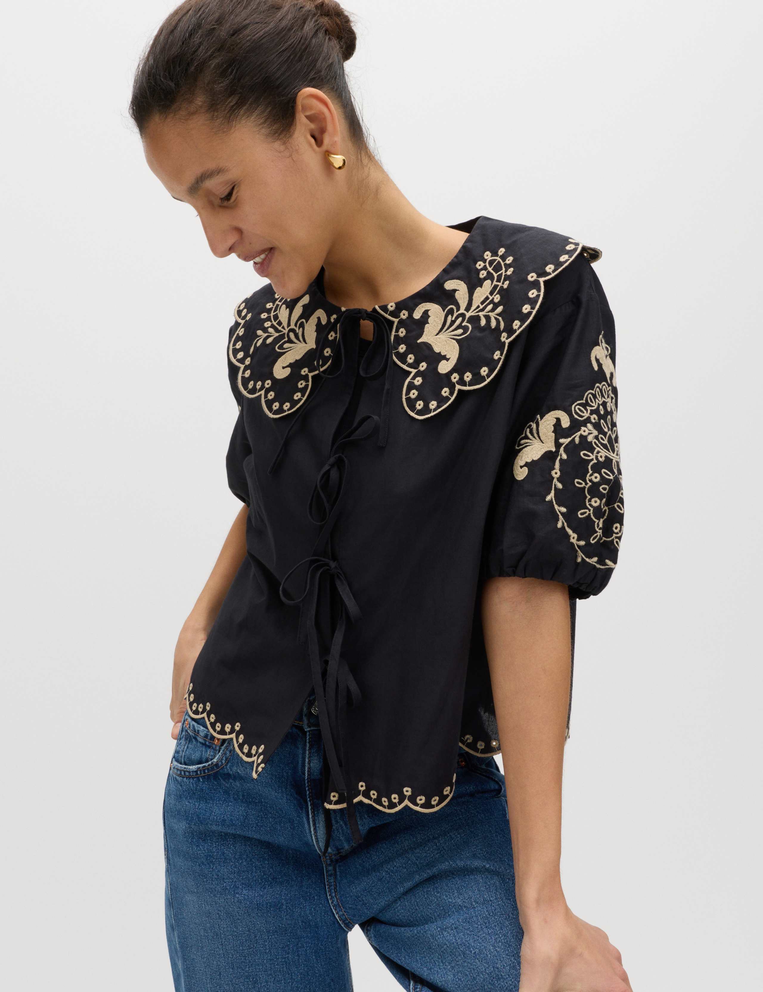 Pure Cotton Embroidered Collared Blouse