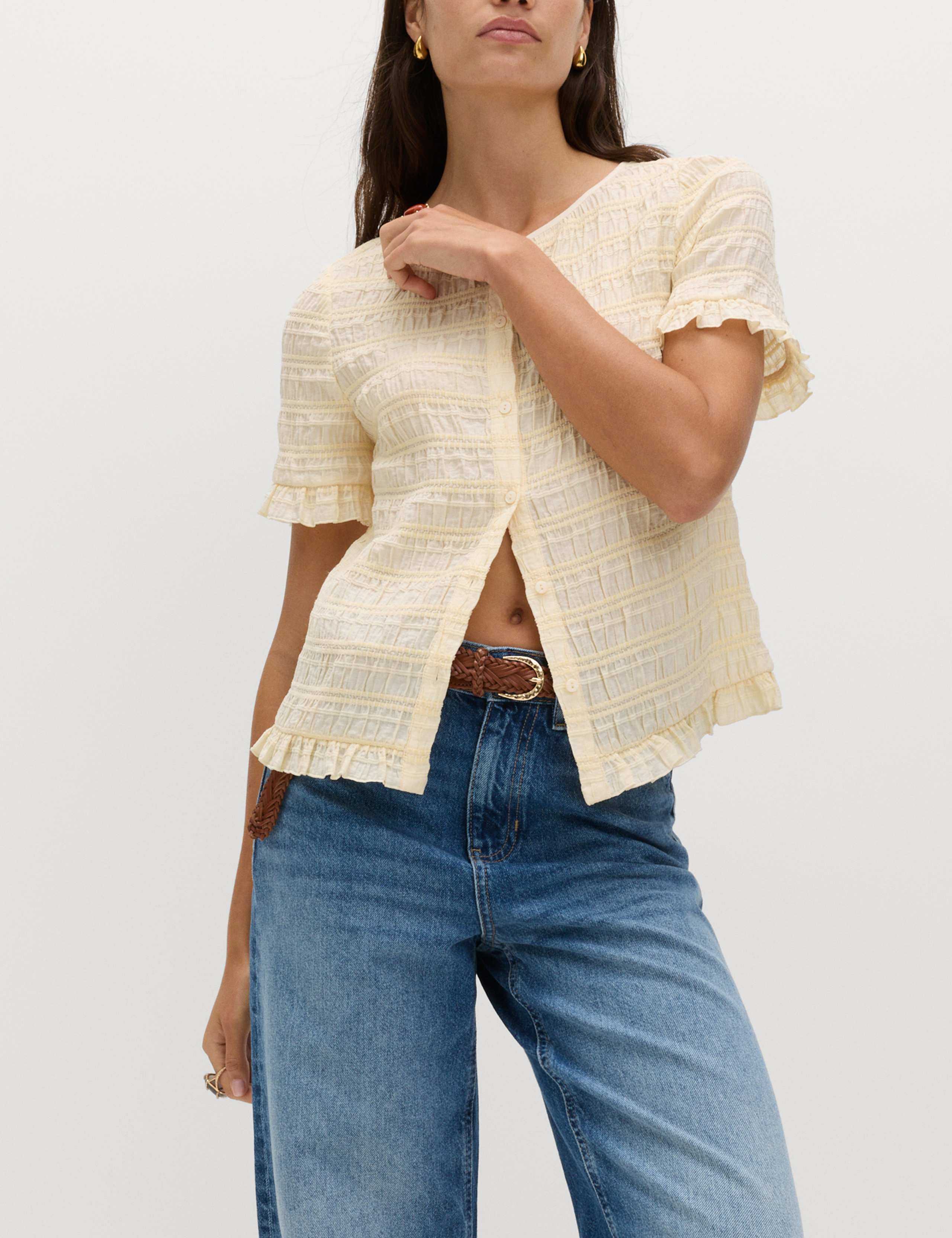 Collarless Shirred Button Through Top