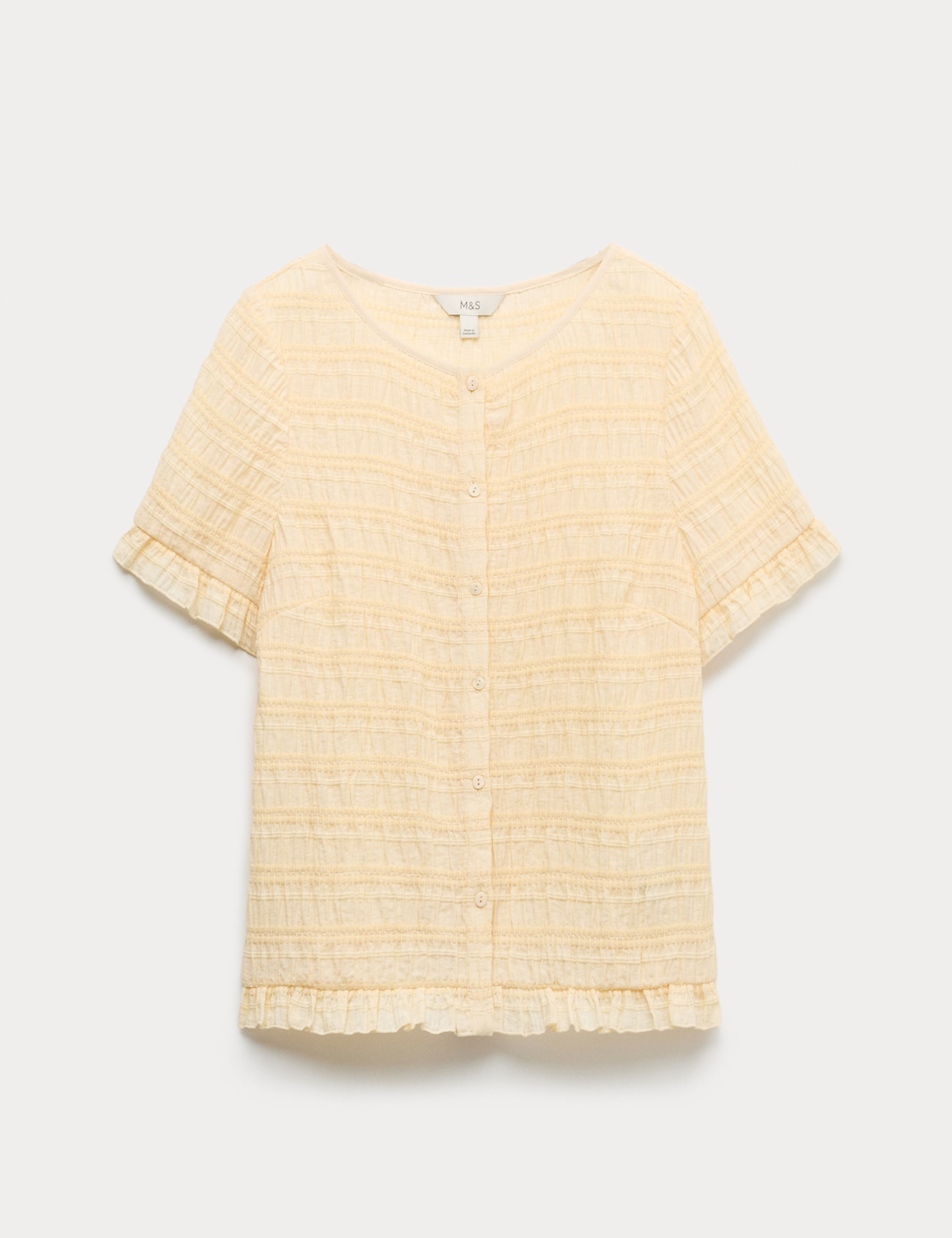 Collarless Shirred Button Through Top