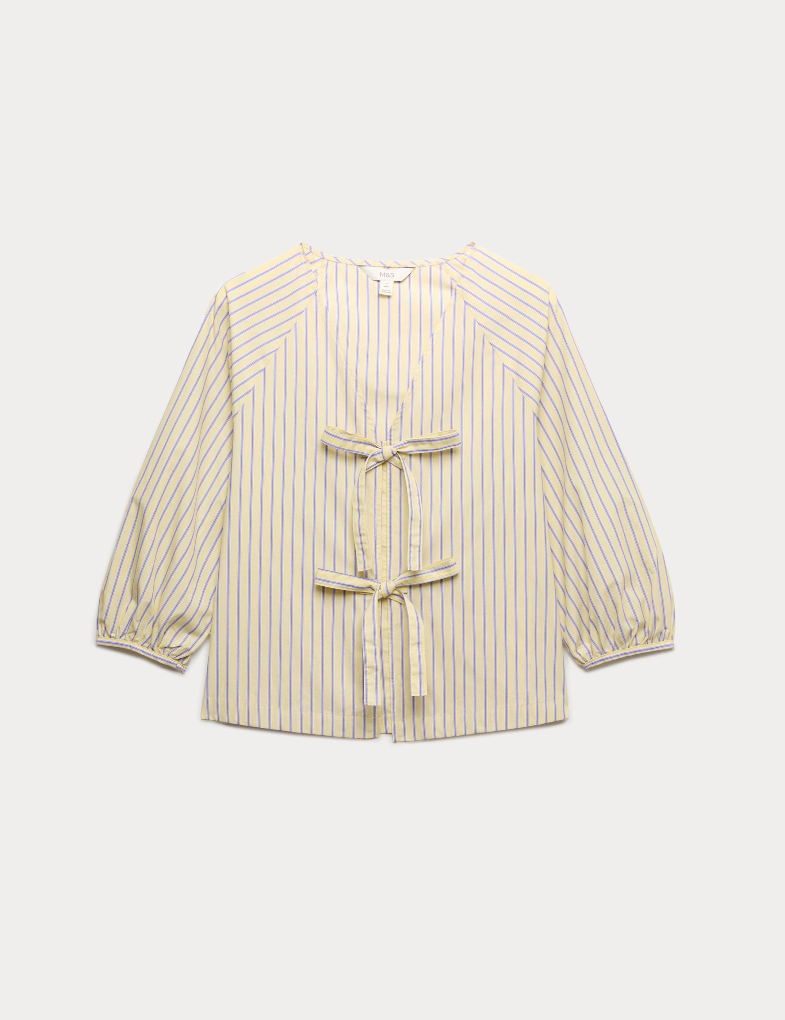 Pure Cotton Striped Tie Front Blouse