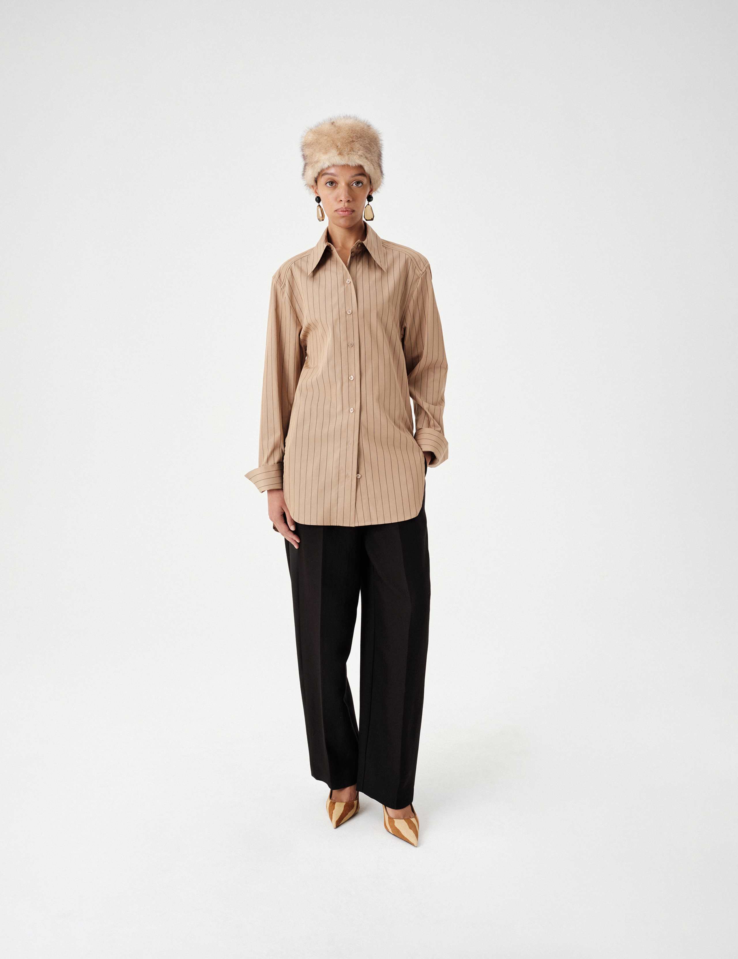 Pure Cotton Striped Padded Shoulder Longline Shirt