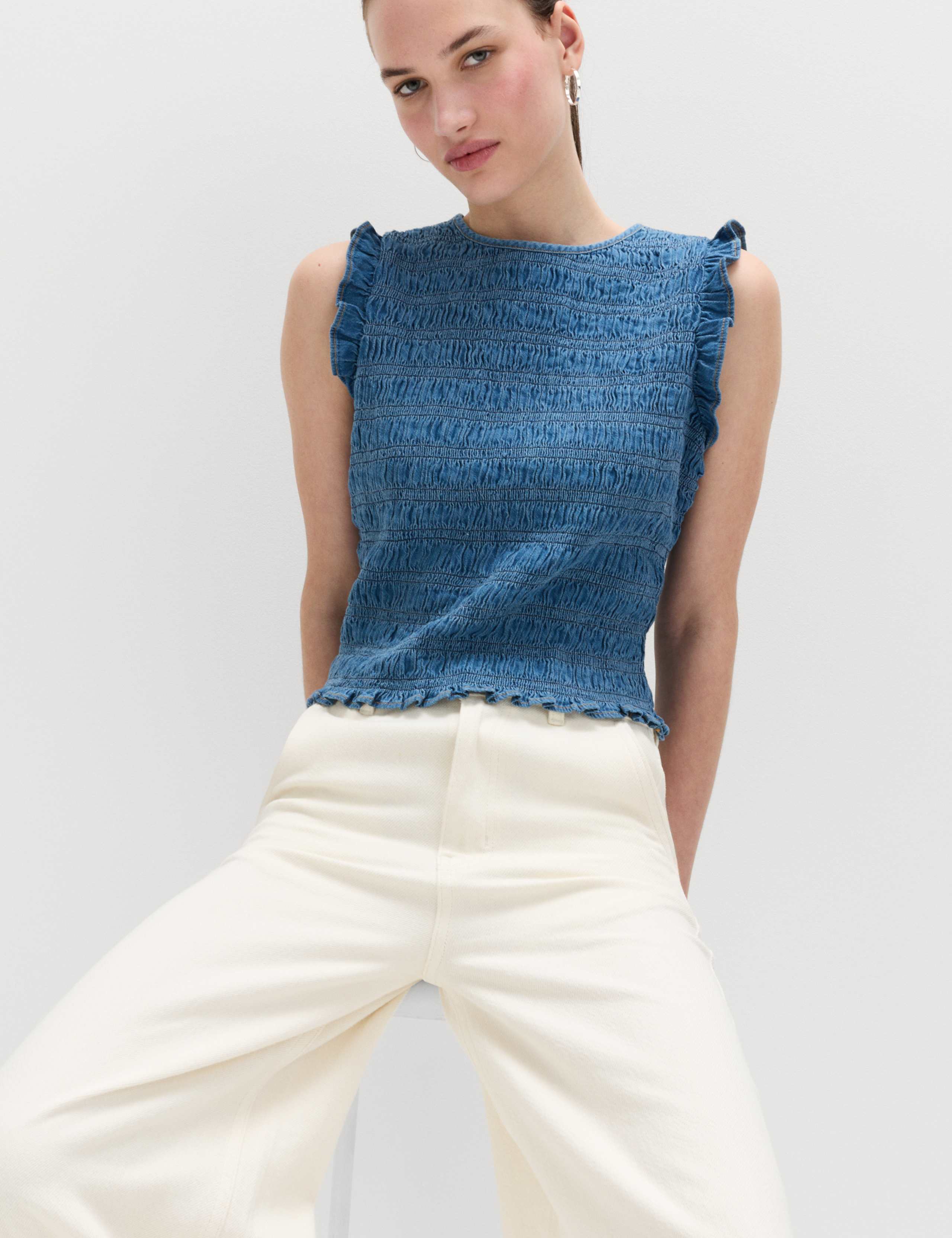 Denim Shirred Tank Top