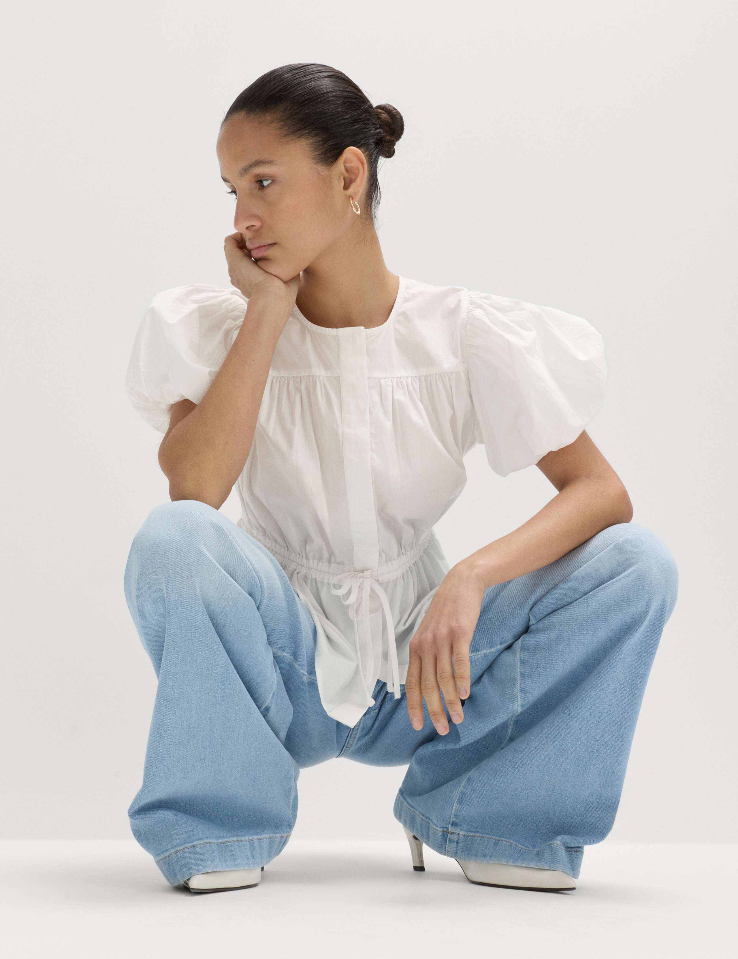 Pure Cotton Puff Sleeve Drawstring Waisted Top