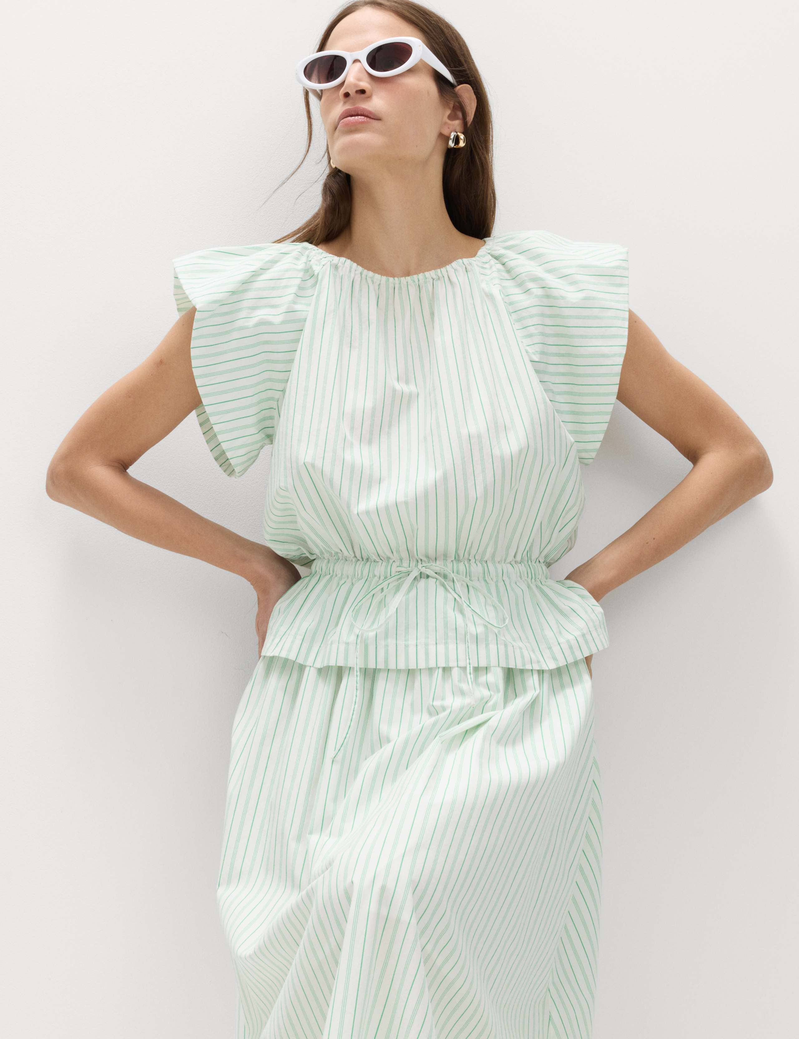 Pure Cotton Striped Puff Sleeve Drawstring Top