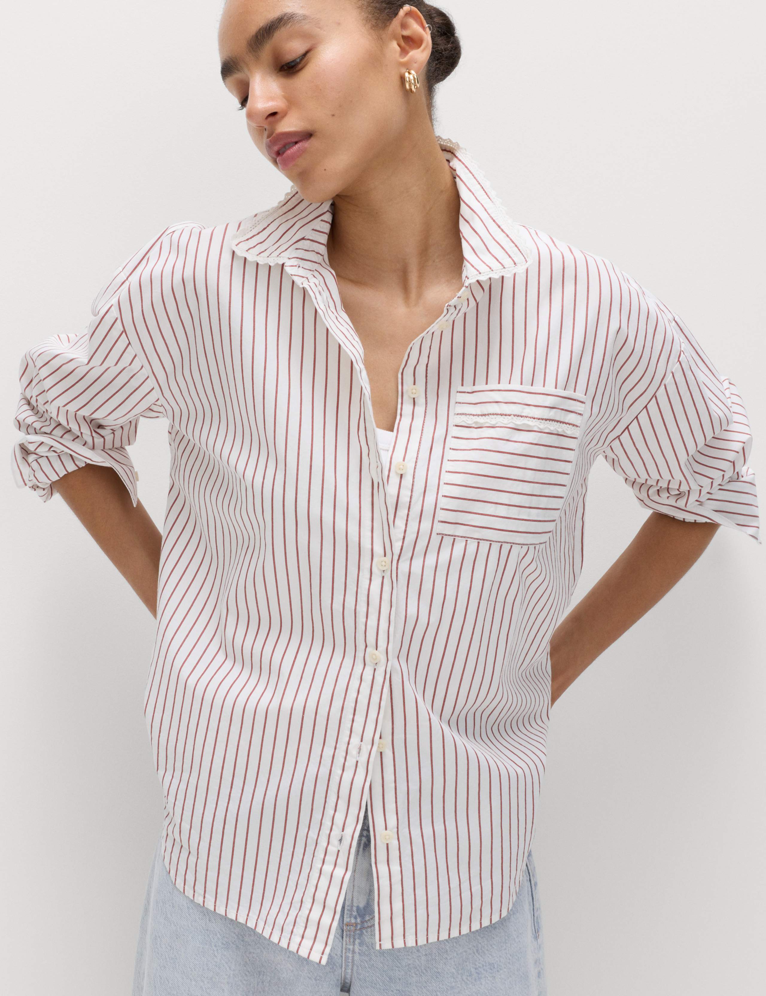 Pure Cotton Striped Lace Oversized Shirt