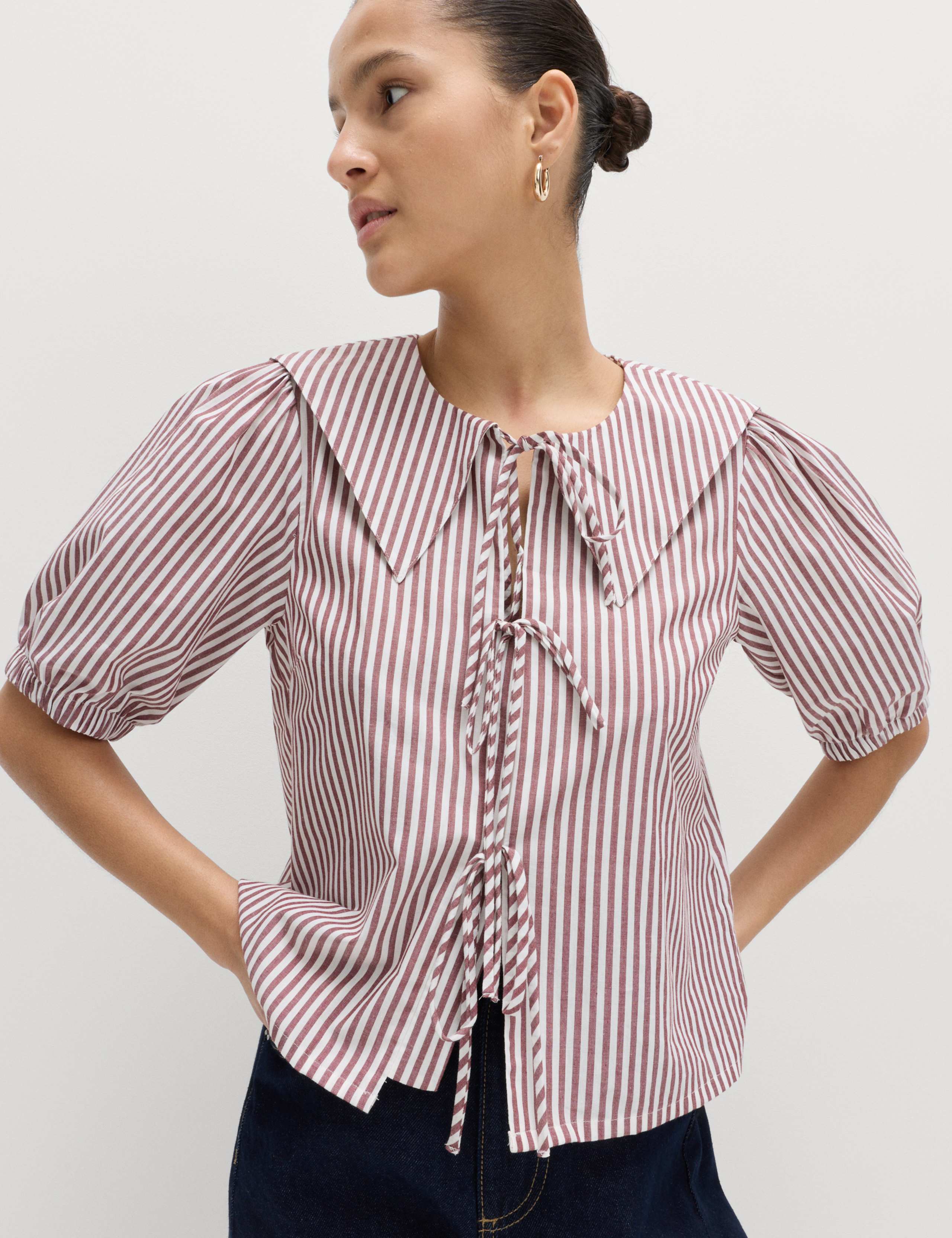 Pure Cotton Striped Oversized Collar Tie Detail Shirt